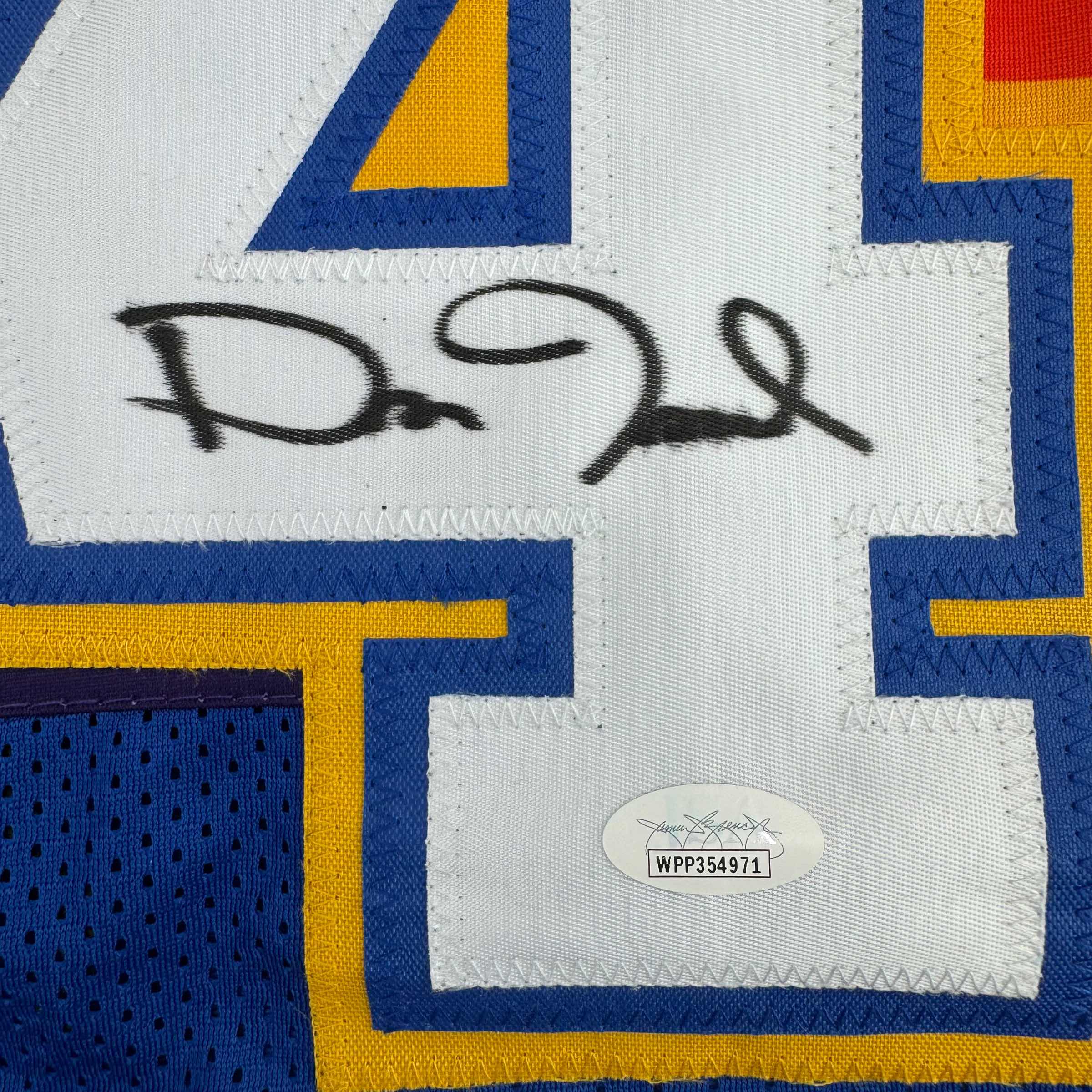 Framed Autographed/Signed Dan Issel 35x39 Denver Blue Retro Rainbow Basketball Jersey JSA COA