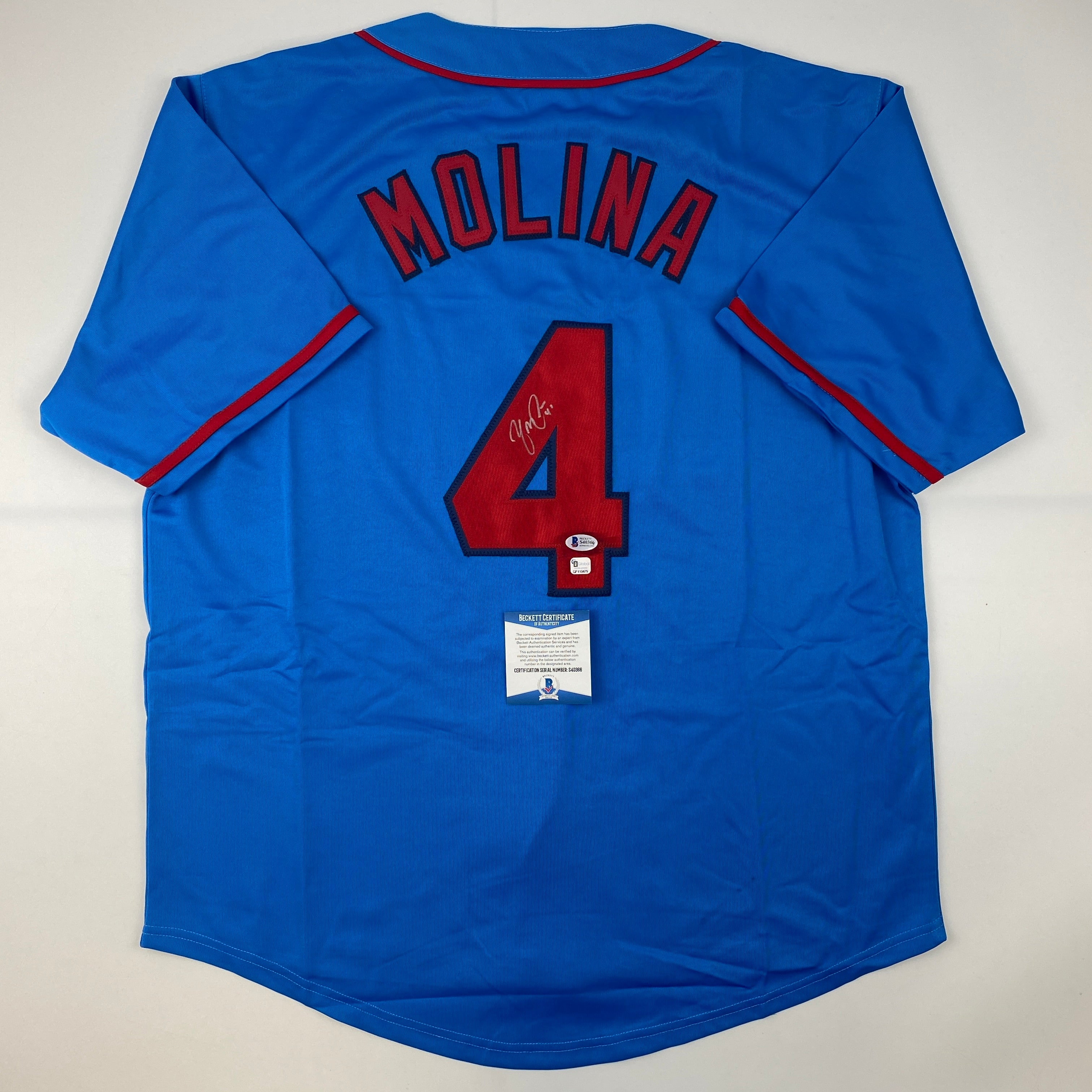Autographed/Signed Yadier Molina St. Louis Blue Baseball Jersey Beckett BAS COA