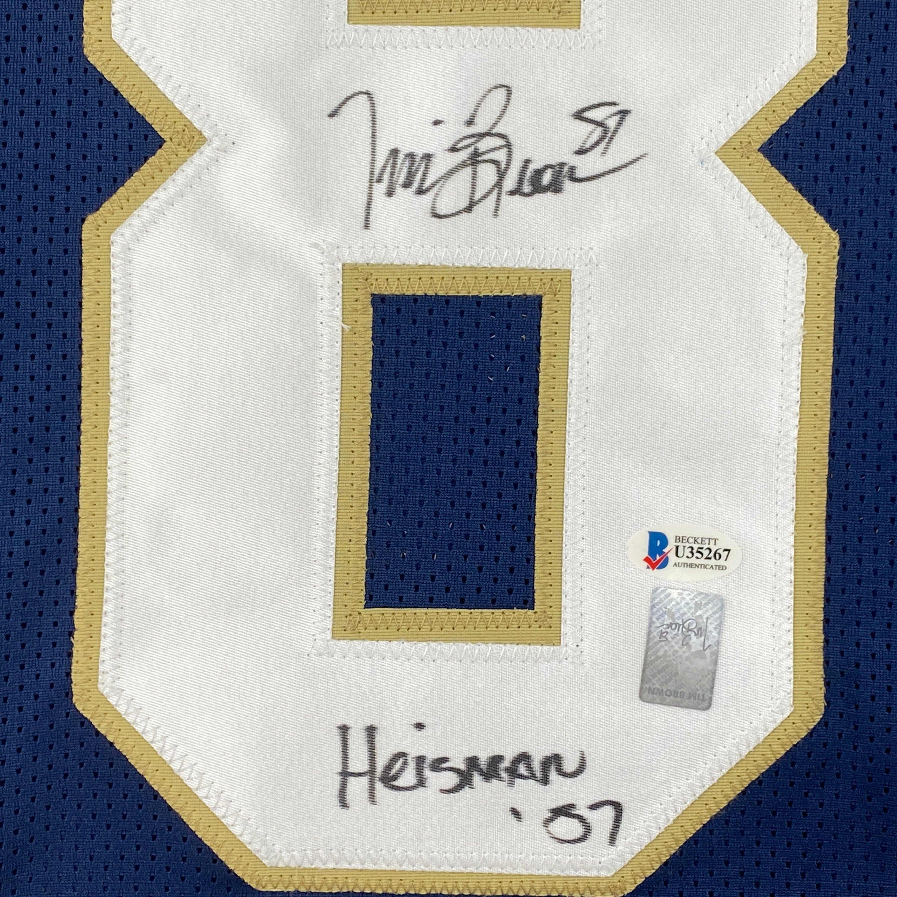 Autographed/Signed Tim Brown Heisman 87 Notre Dame Blue College Football Jersey Beckett BAS COA