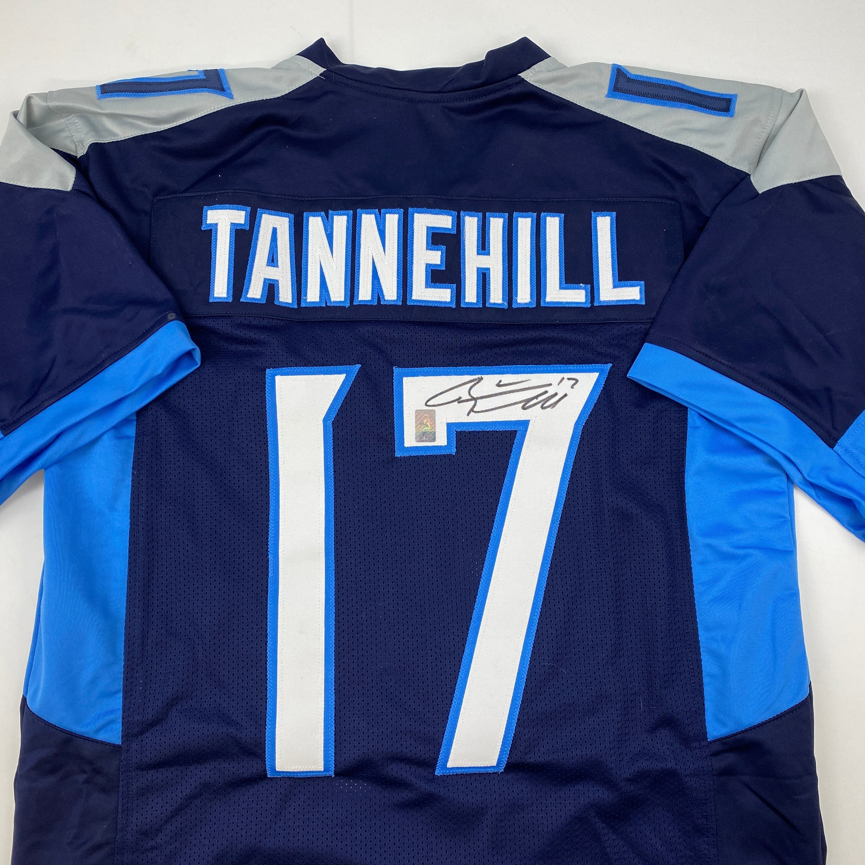 Autographed/Signed Ryan Tannehill Tennessee Dark Blue Football Jersey GTSM COA