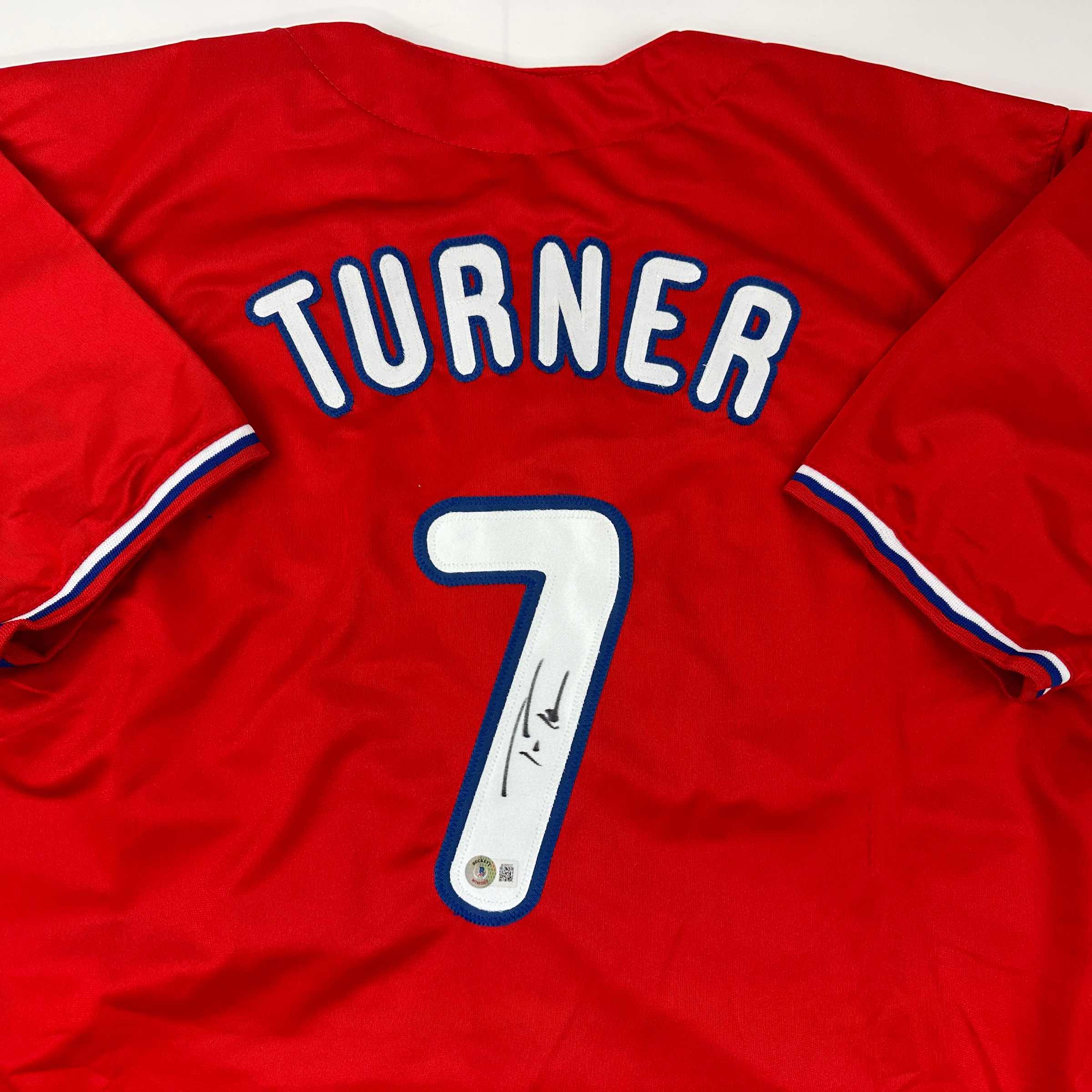 Autographed/Signed Trea Turner Philadelphia Red Baseball Jersey Beckett BAS COA