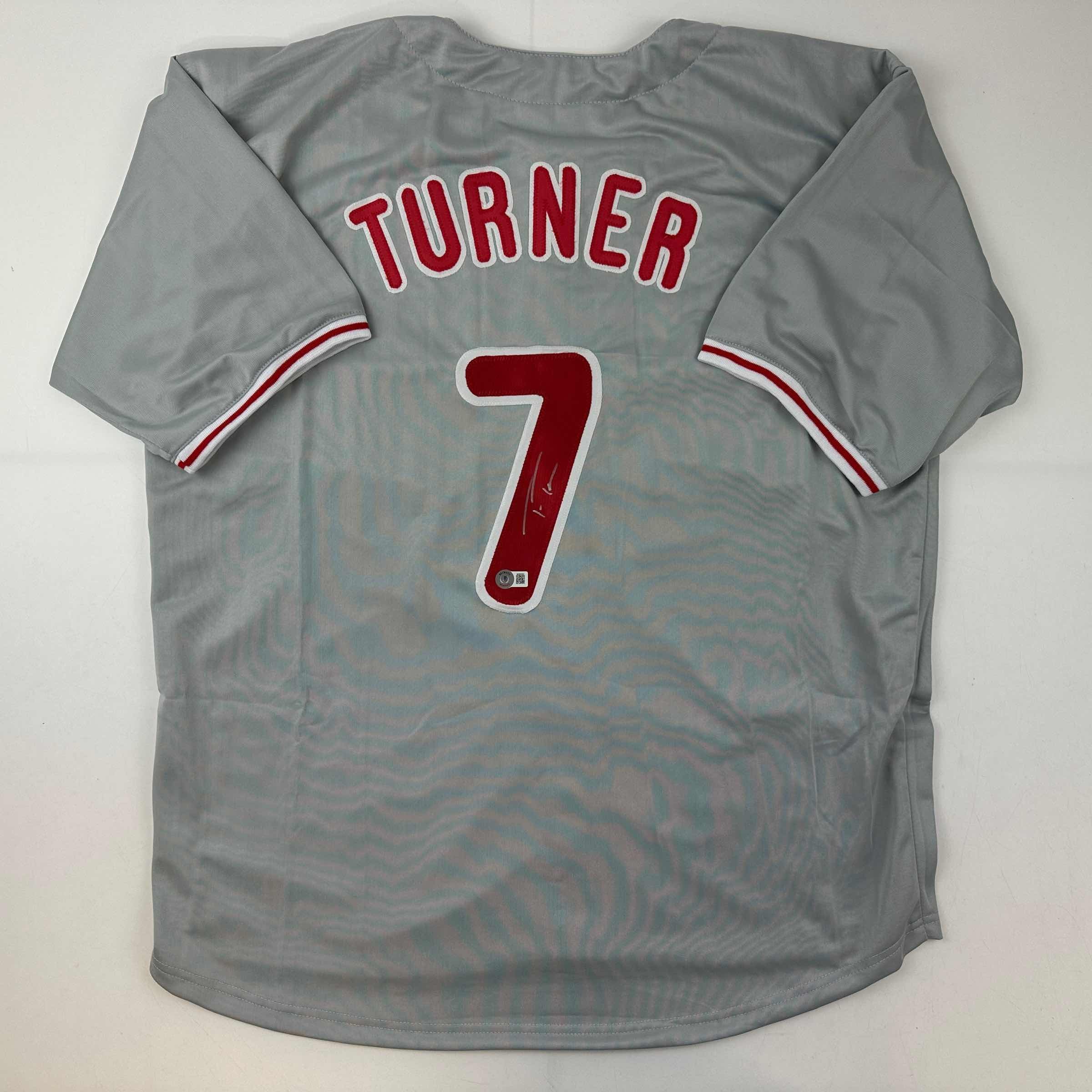 Autographed/Signed Trea Turner Philadelphia Grey Baseball Jersey Beckett BAS COA