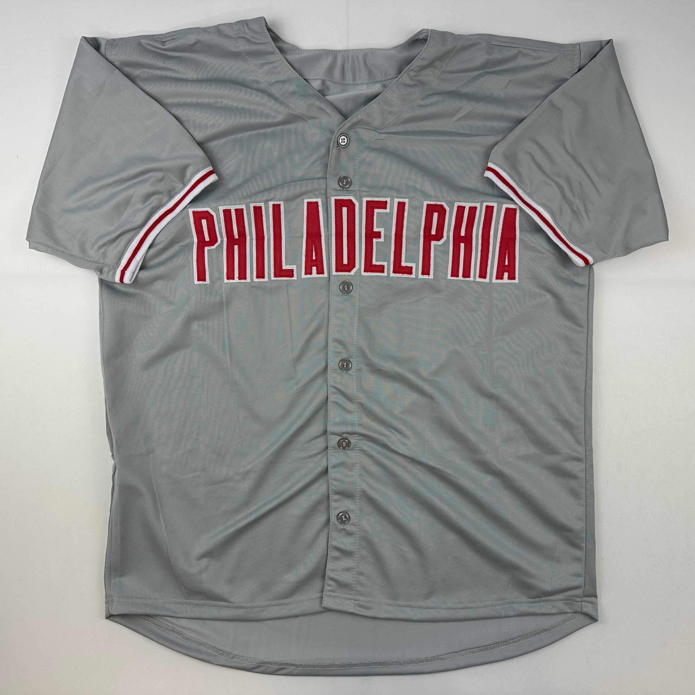 Autographed/Signed Trea Turner Philadelphia Grey Baseball Jersey Beckett BAS COA