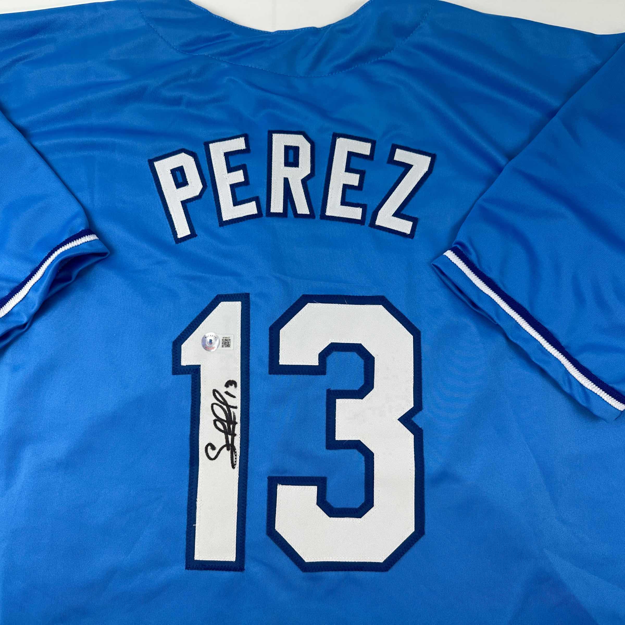 Autographed/Signed Salvador Perez Kansas City Blue Baseball Jersey Beckett BAS COA
