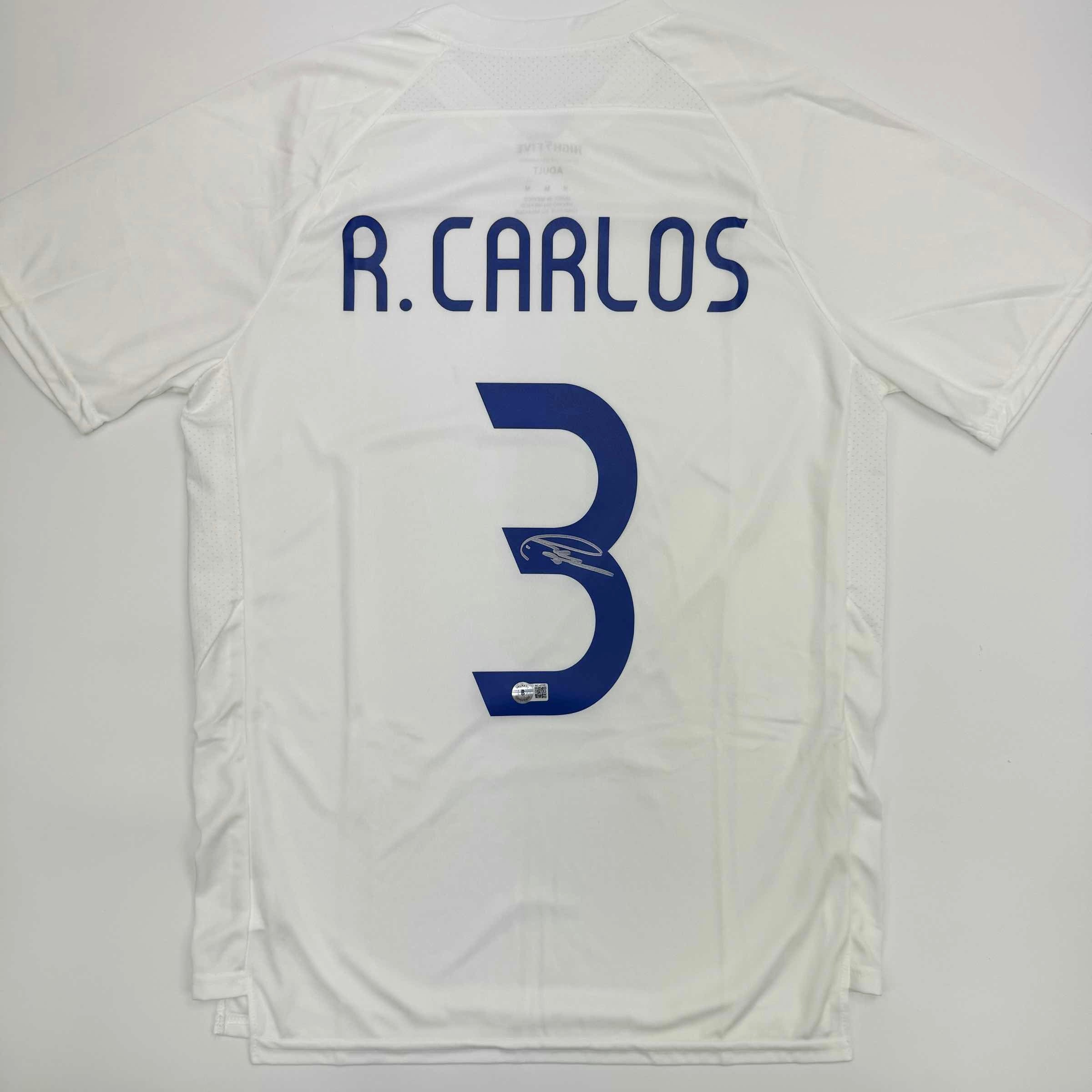 Autographed/Signed Roberto Carlos Real Madrid White Soccer Jersey Beckett BAS COA