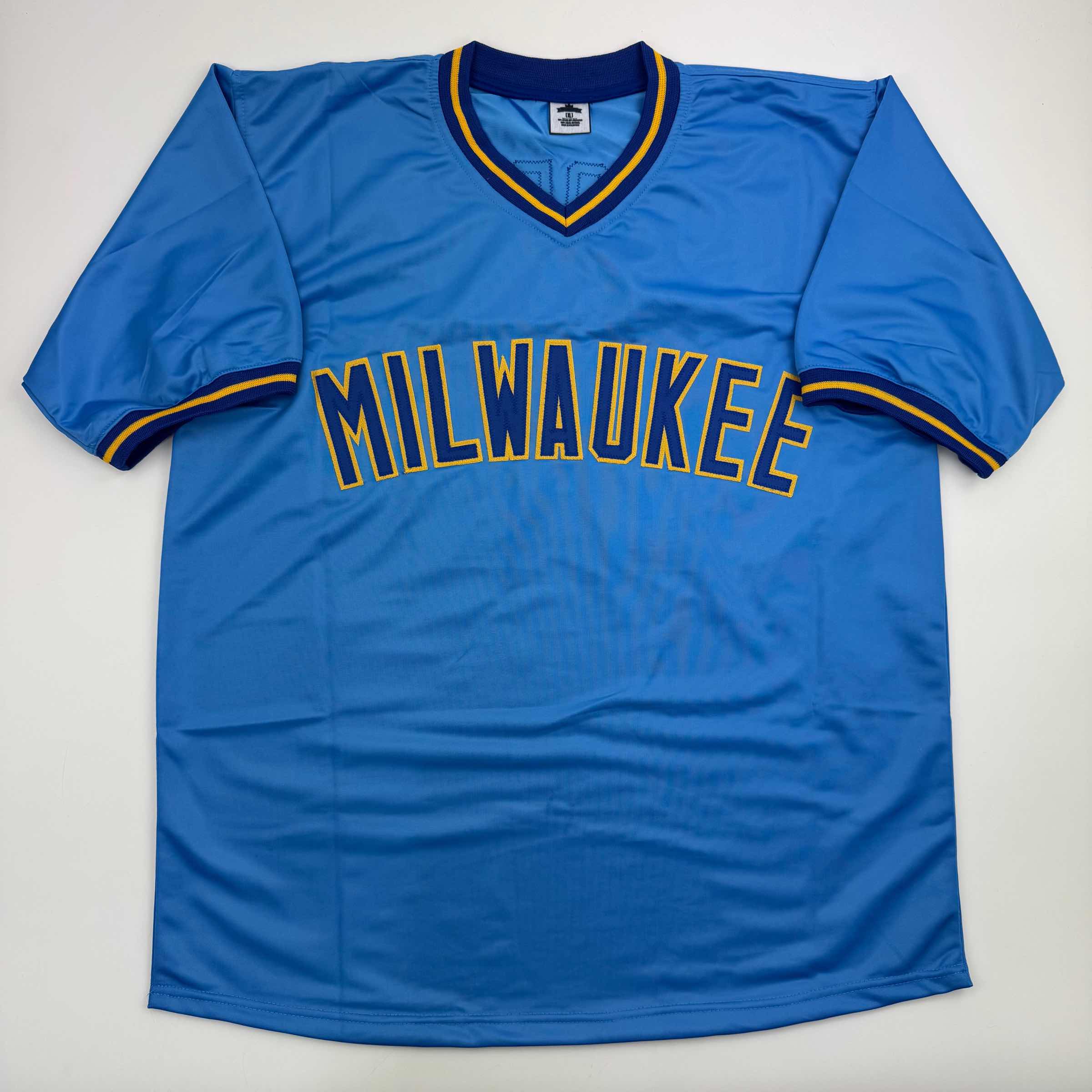 Autographed/Signed Cecil Cooper Milwaukee Blue Baseball Jersey Beckett BAS COA