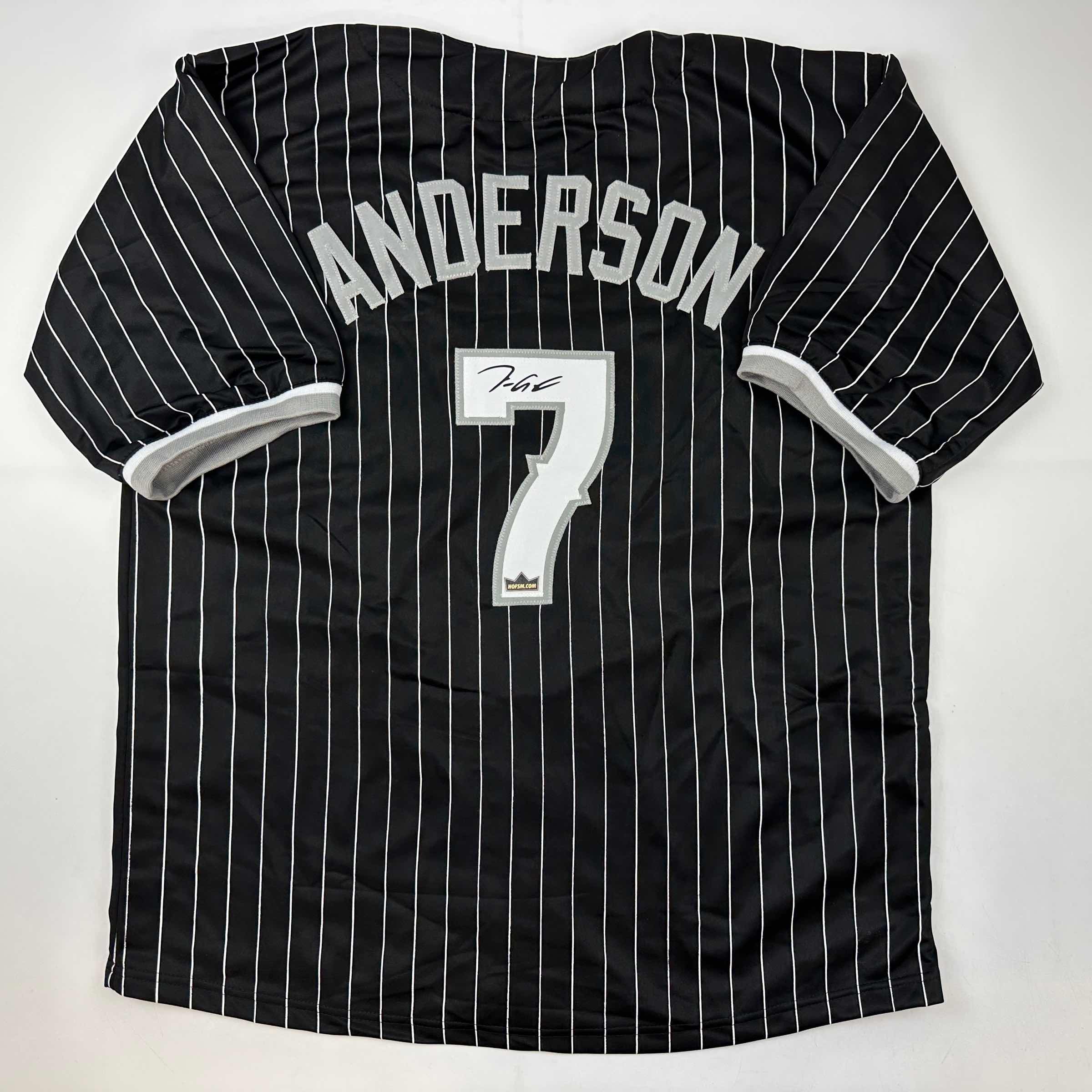 Facsimile Autographed Tim Anderson Chicago Black Pinstripe City Connect Reprint Laser Auto Baseball Jersey Size Men's XL