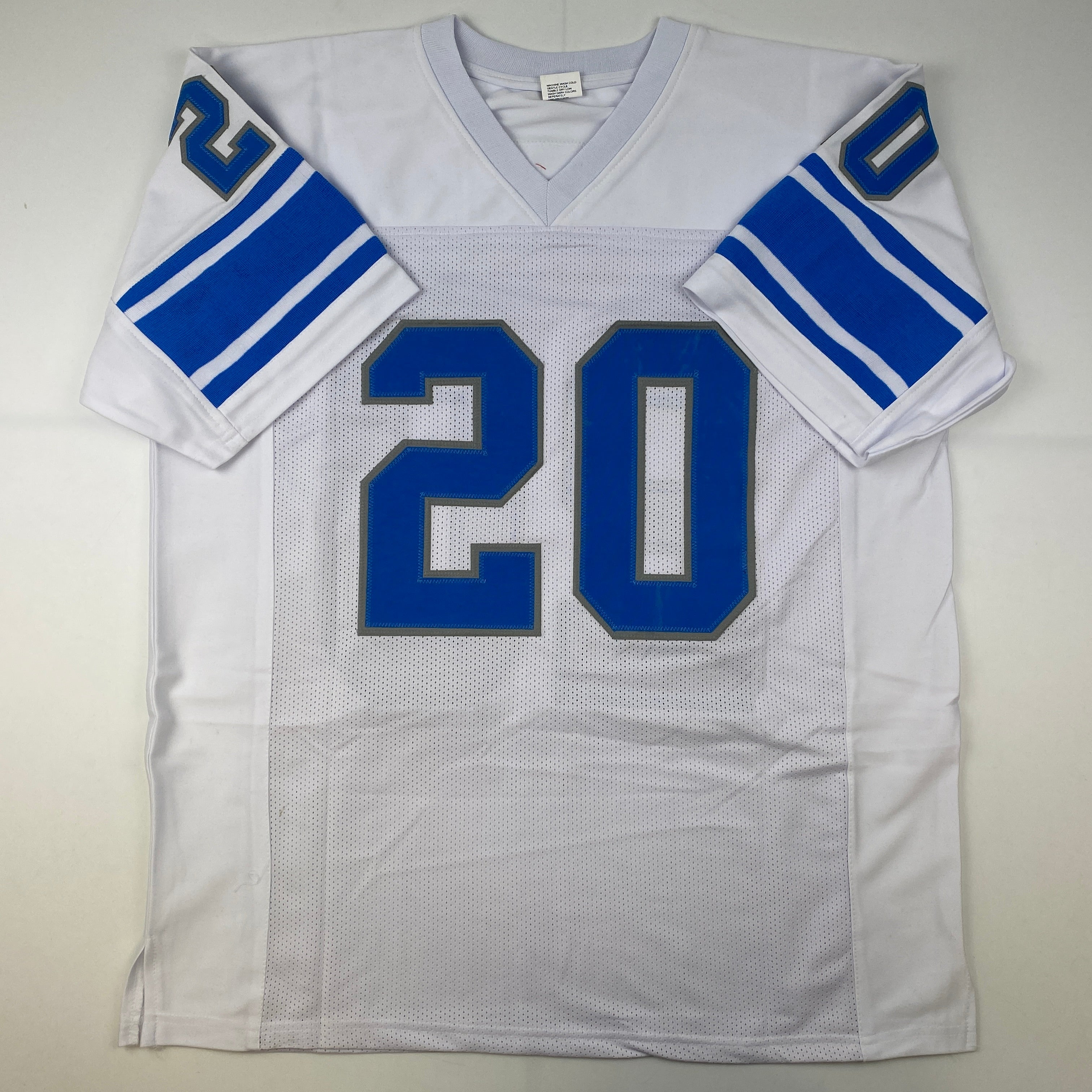 Facsimile Autographed Barry Sanders Detroit White Reprint Laser Auto Football Jersey Size Men's XL