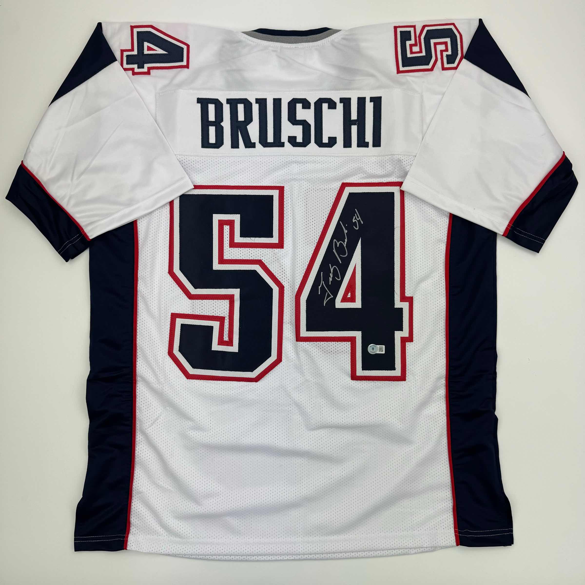 Autographed/Signed Tedy Bruschi New England White Football Jersey Beckett BAS COA