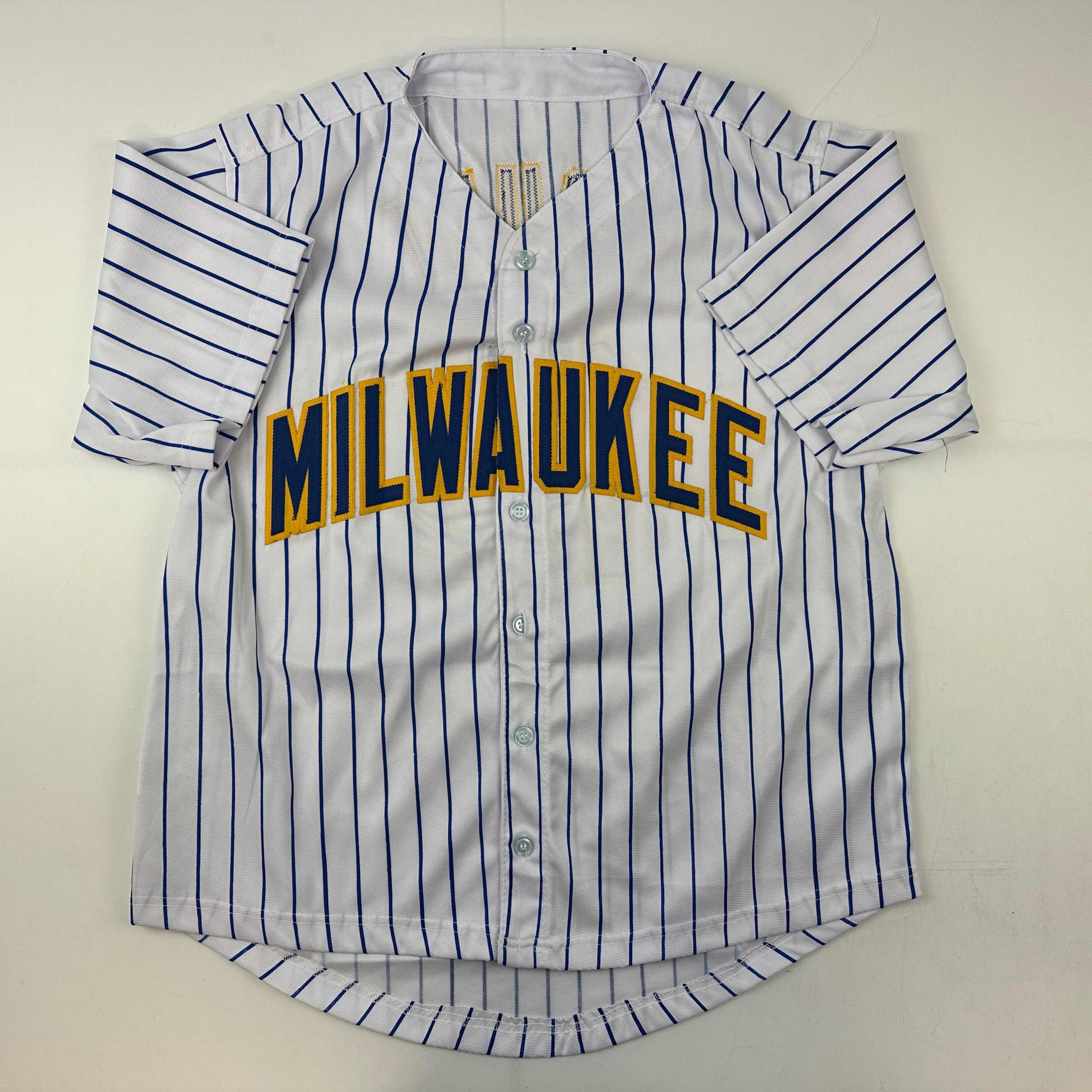 Facsimile Autographed Robin Yount Milwaukee Pinstripe Reprint Laser Auto Baseball Jersey Size Men's XL