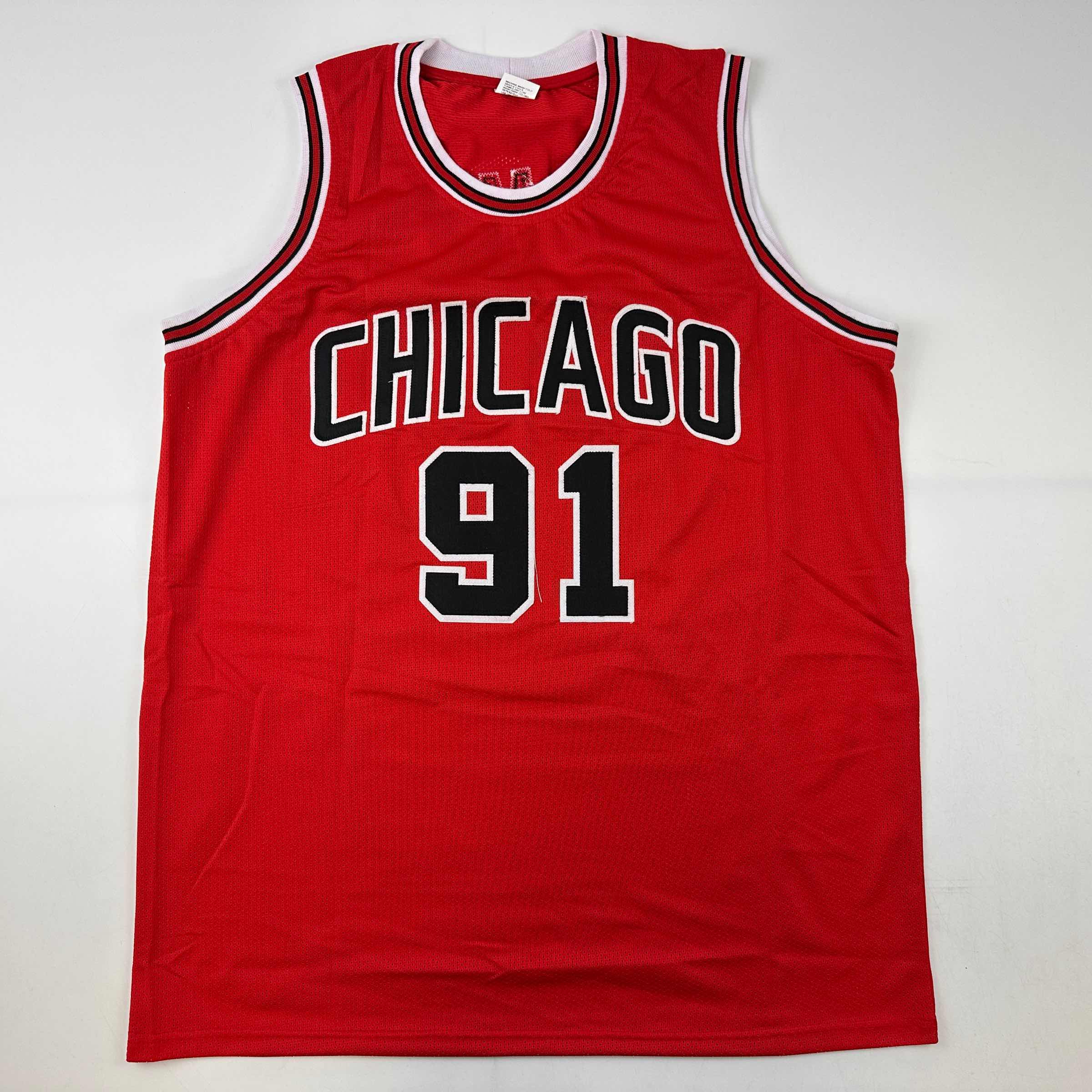Facsimile Autographed Dennis Rodman Chicago Red Reprint Laser Auto Basketball Jersey Size Men's XL