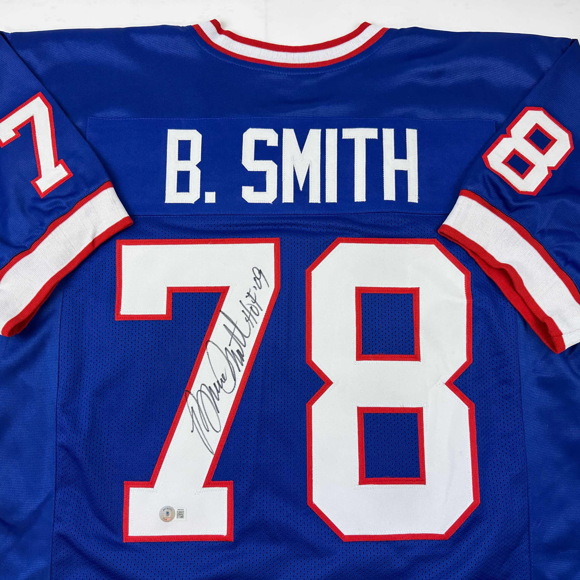 Autographed/Signed Bruce Smith HOF 09 Buffalo Blue Football Jersey Beckett BAS COA