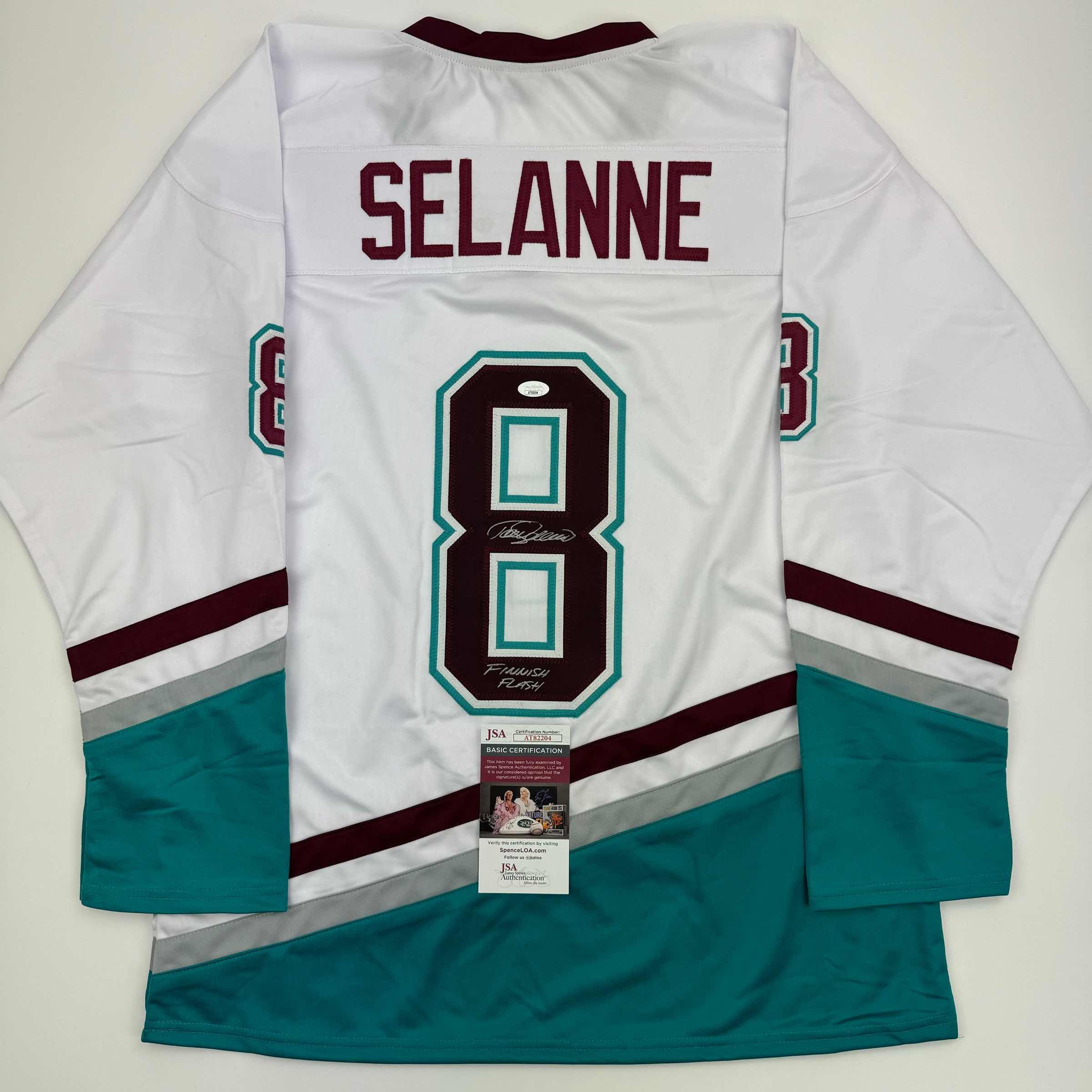 Autographed/Signed Teemu Selanne "Finnish Flash" Anaheim White Retro Hockey Jersey JSA COA