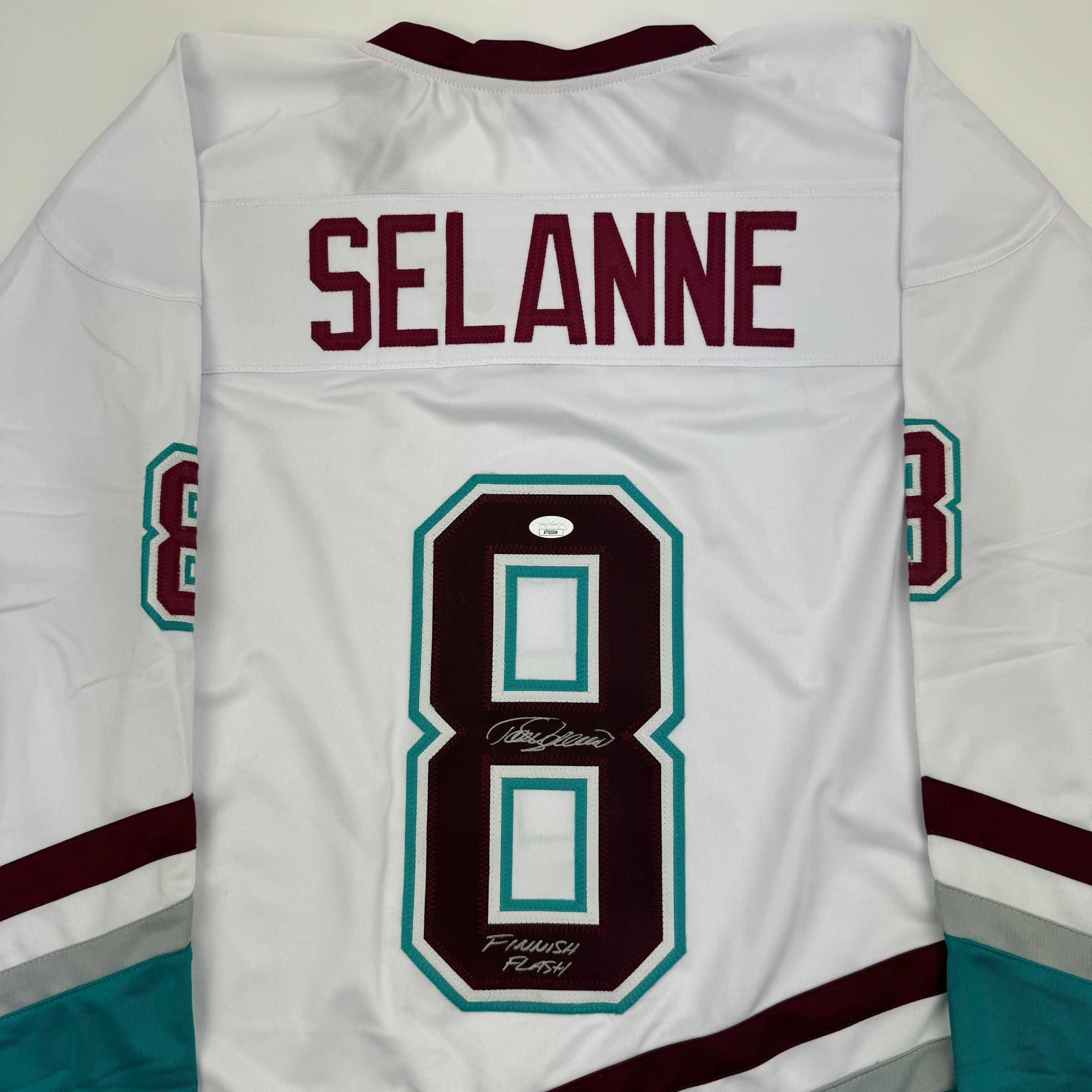 Autographed/Signed Teemu Selanne "Finnish Flash" Anaheim White Retro Hockey Jersey JSA COA