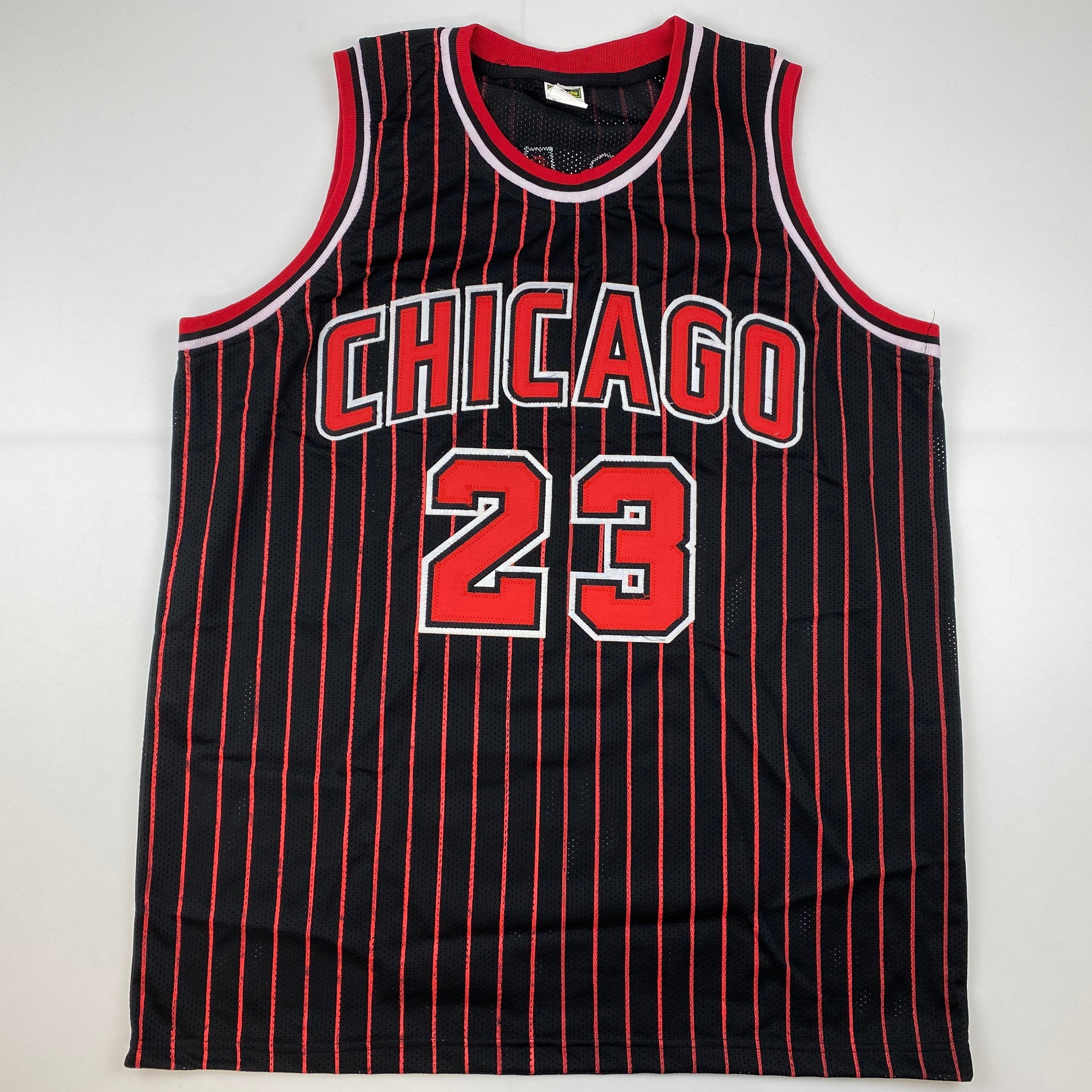Facsimile Autographed Michael Jordan Chicago Black Pinstripe Reprint Laser Auto Basketball Jersey Size Men's XL