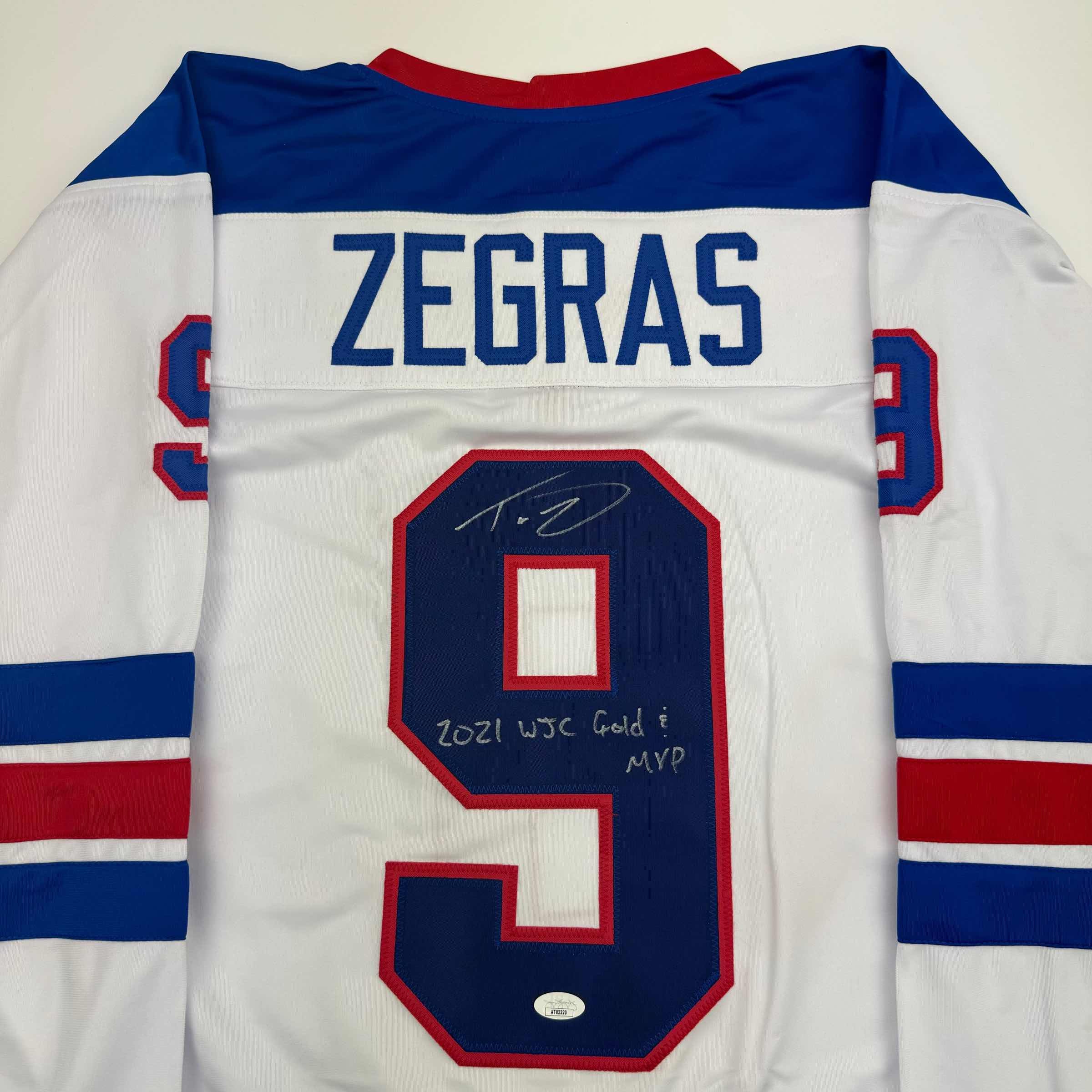 Autographed/Signed Trevor Zegras 2021 WJC Gold & MVP Team USA White Hockey Jersey JSA COA