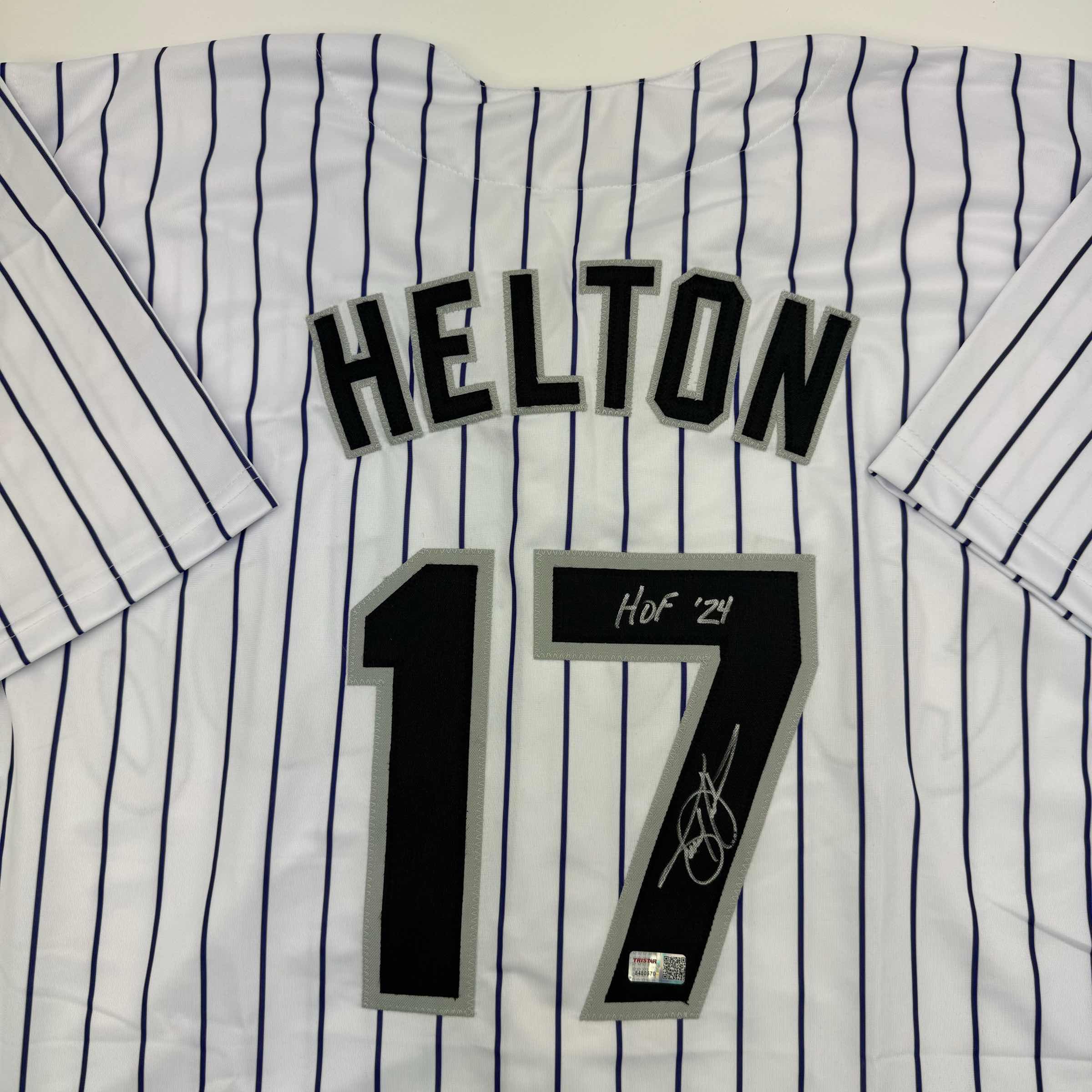 Autographed/Signed Todd Helton HOF 24 Colorado Pinstripe Baseball Jersey Tristar COA