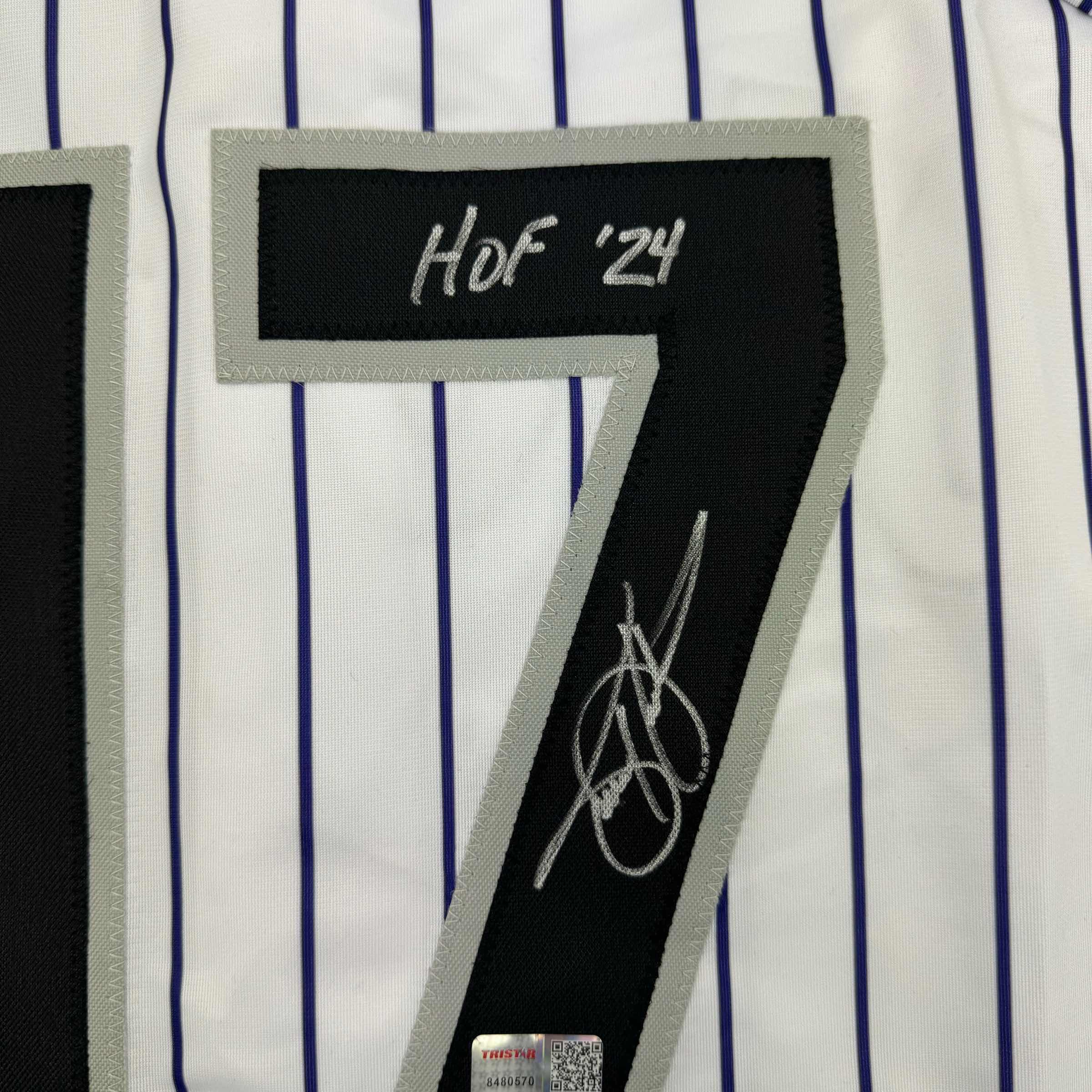 Autographed/Signed Todd Helton HOF 24 Colorado Pinstripe Baseball Jersey Tristar COA