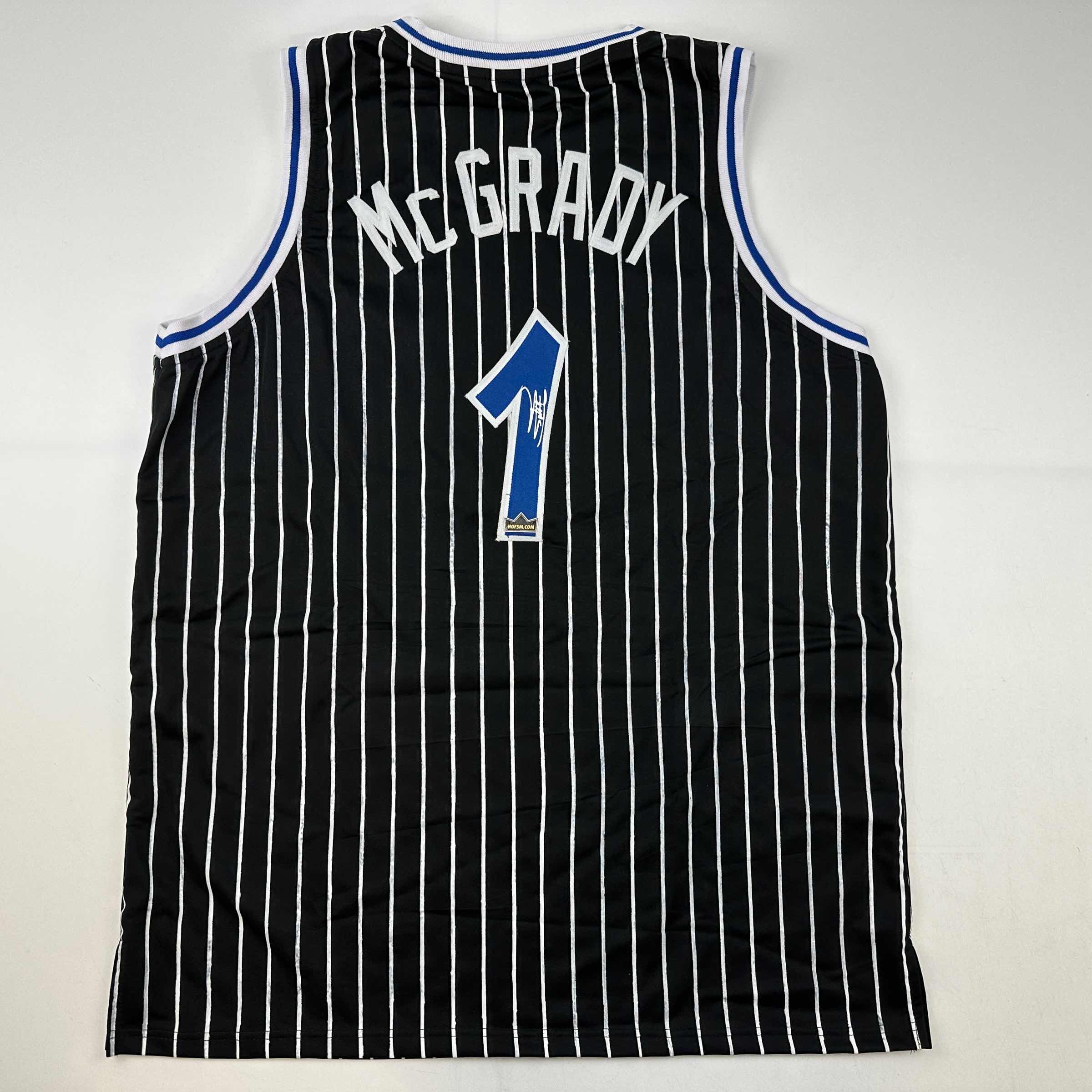 Facsimile Autographed Tracy McGrady Orlando Black Pinstripe Reprint Laser Auto Basketball Jersey Size Men's XL