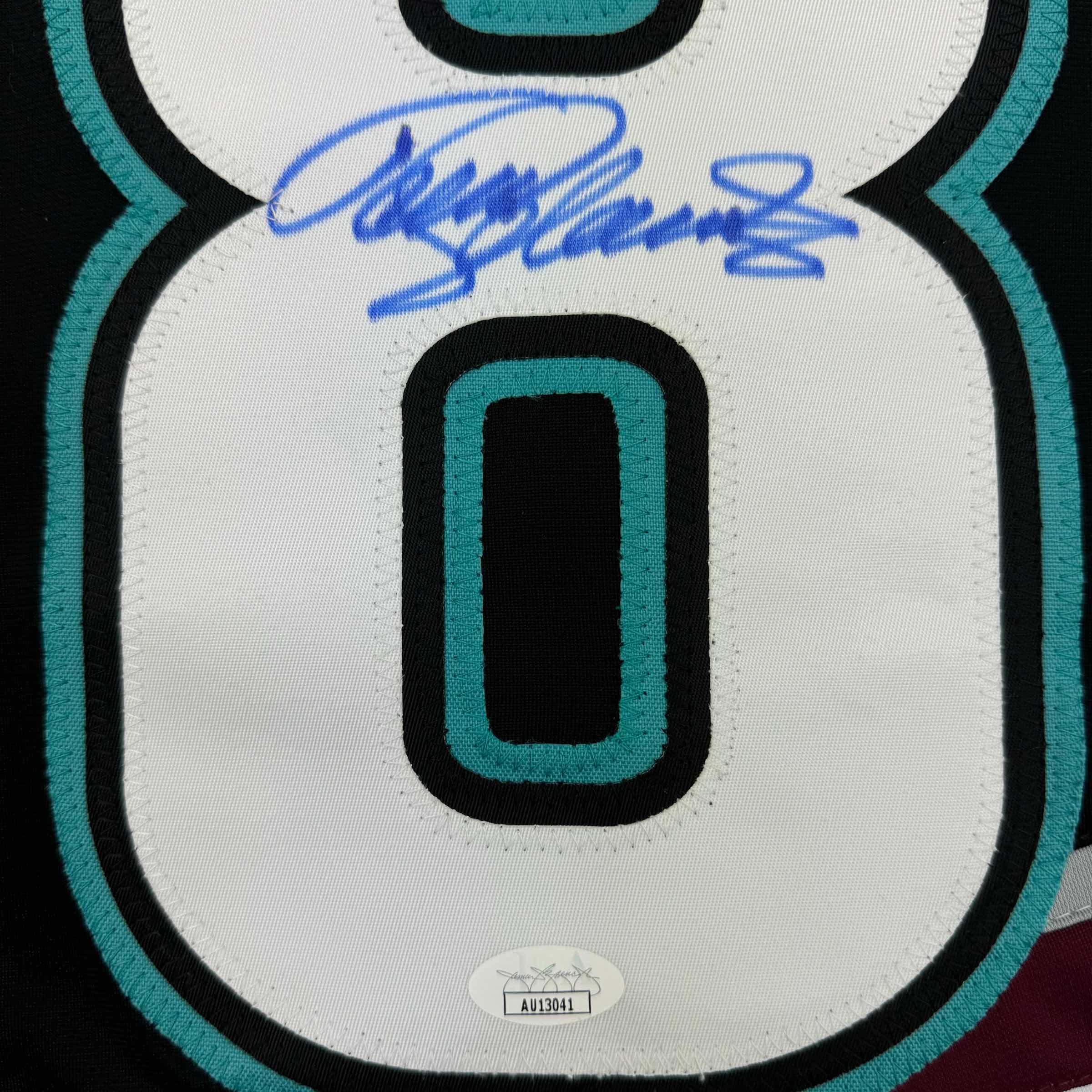 Framed Autographed/Signed Teemu Selanne 35x39 Anaheim Black Retro Hockey Jersey JSA COA