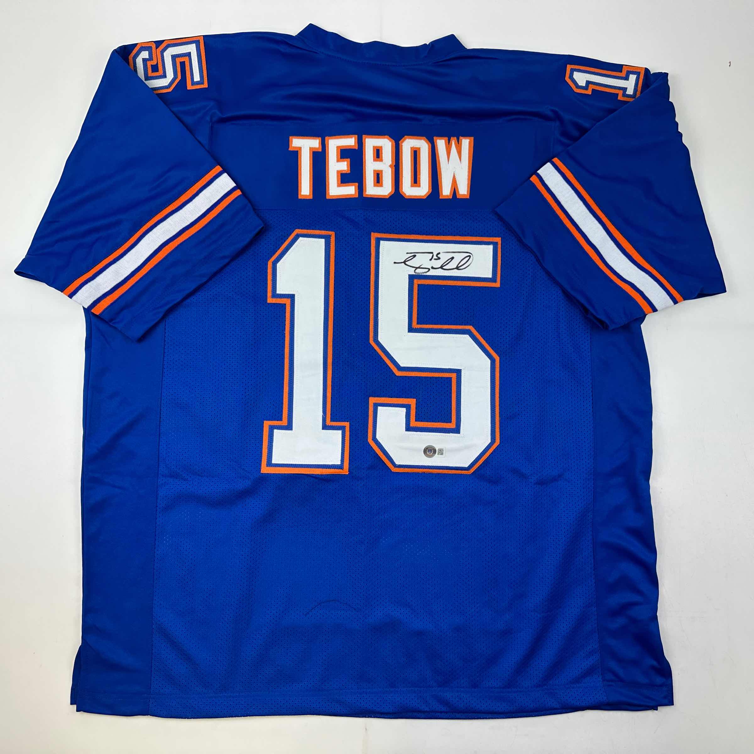 Autographed/Signed Tim Tebow Florida Blue College Football Jersey Beckett BAS COA
