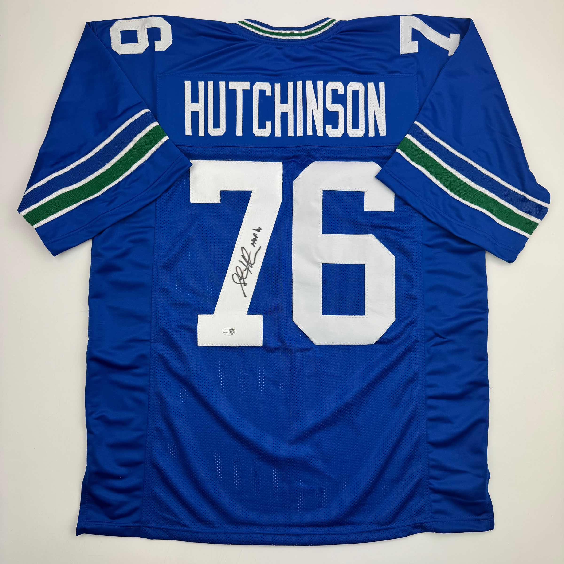 Autographed/Signed Steve Hutchinson HOF 20 Seattle Blue Football Jersey JSA COA