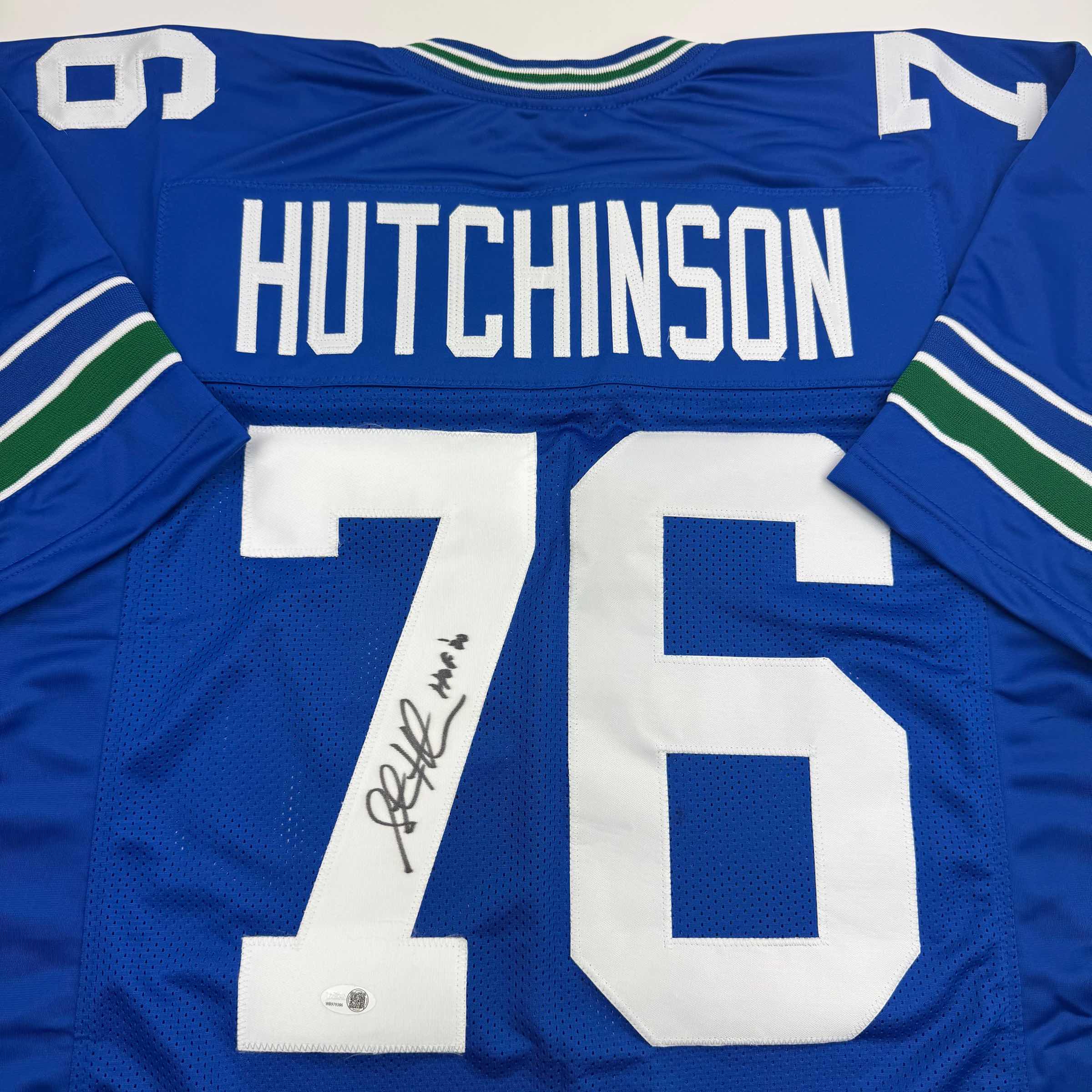Autographed/Signed Steve Hutchinson HOF 20 Seattle Blue Football Jersey JSA COA