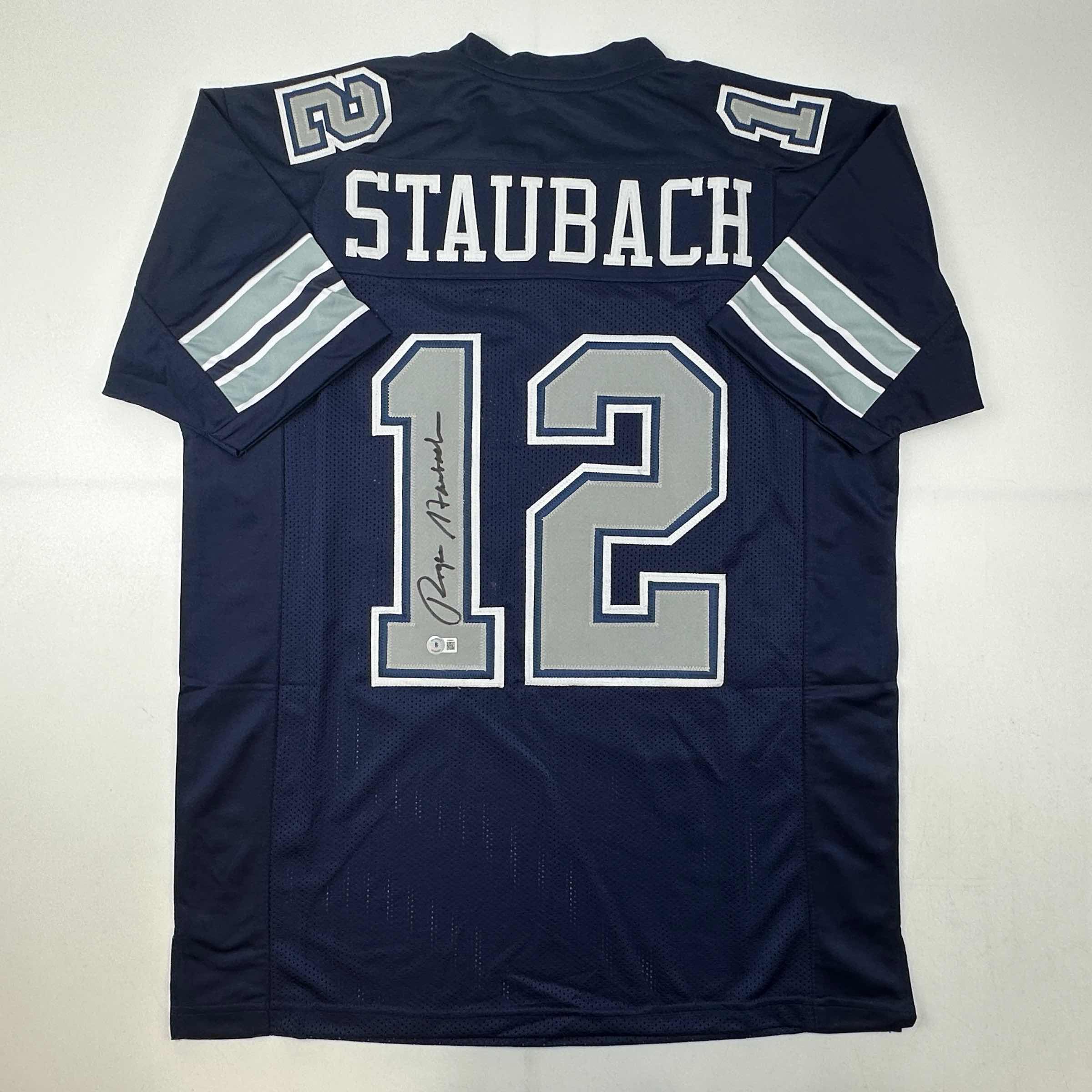 Autographed/Signed Roger Staubach Dallas Blue Football Jersey Beckett BAS COA