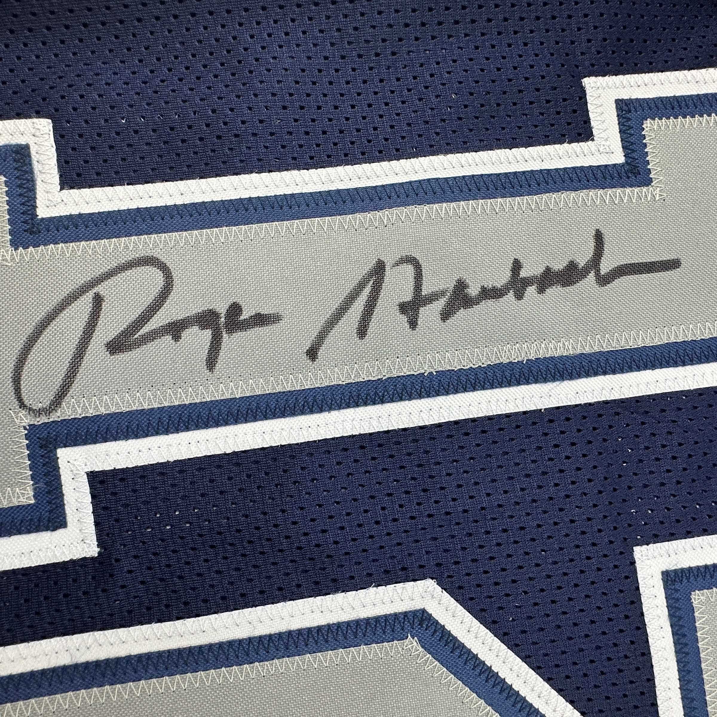 Autographed/Signed Roger Staubach Dallas Blue Football Jersey Beckett BAS COA