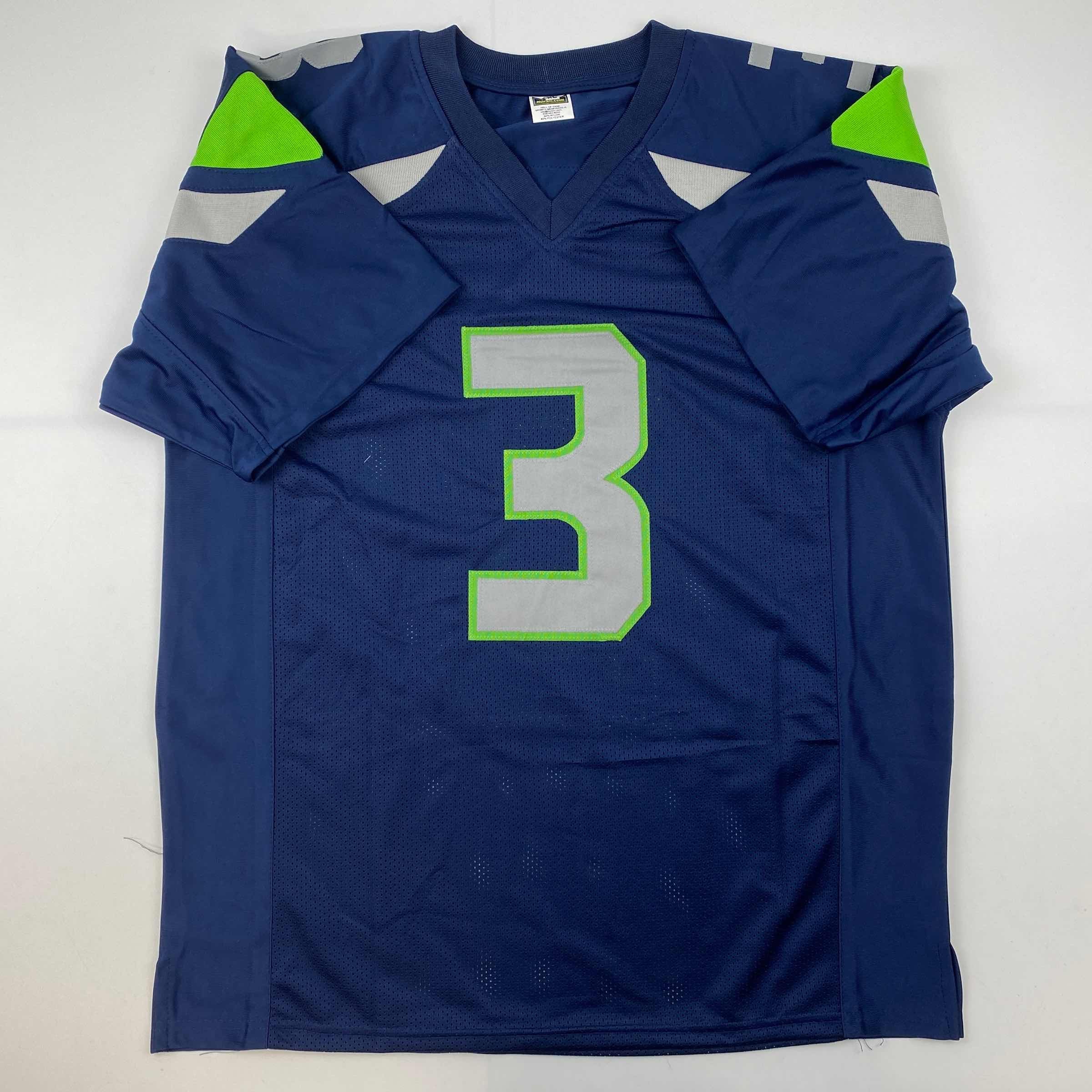 Facsimile Autographed Russell Wilson Seattle Blue Reprint Laser Auto Football Jersey Size Men's XL