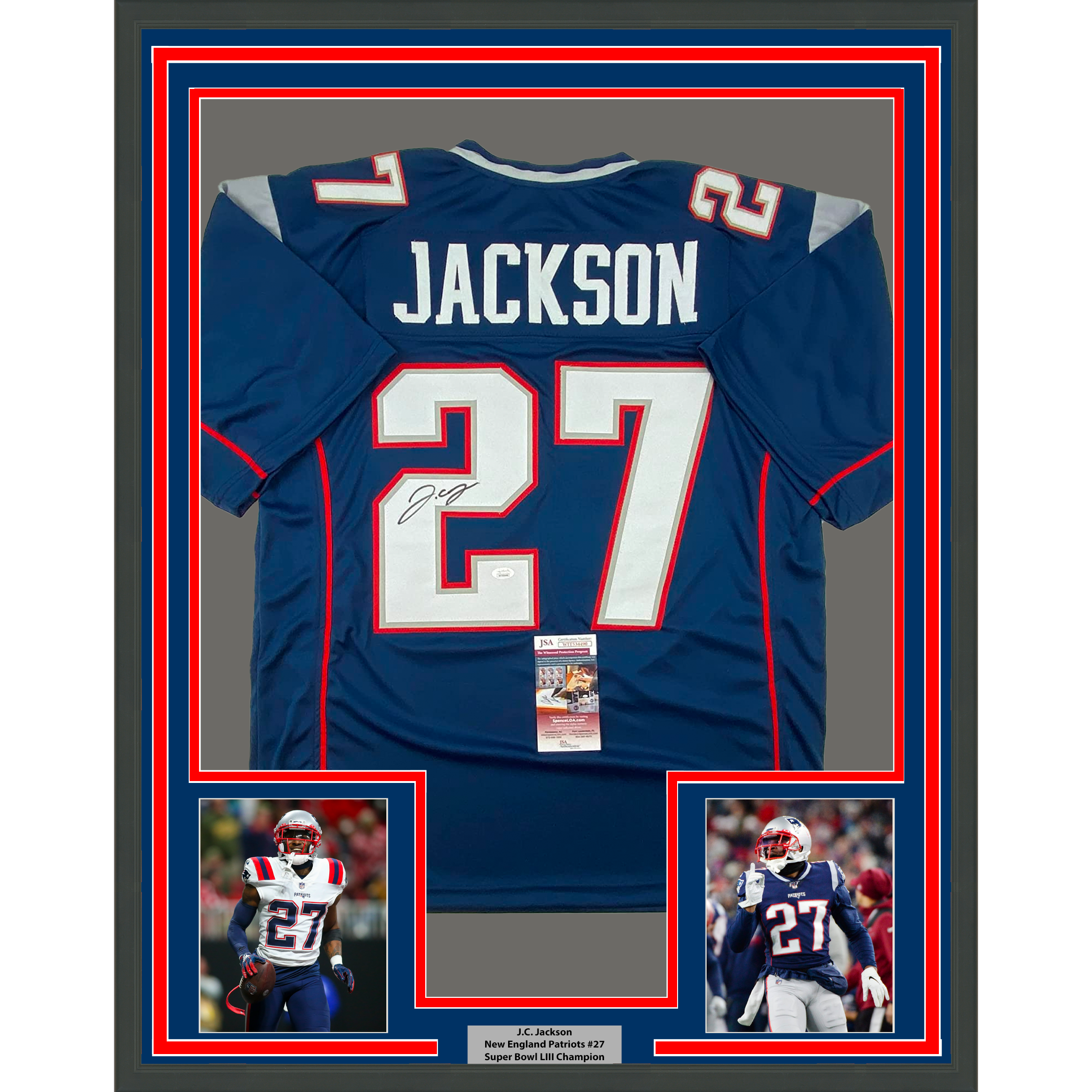 Framed Autographed/Signed JC J.C. Jackson 35x39 New England Blue Football Jersey JSA COA