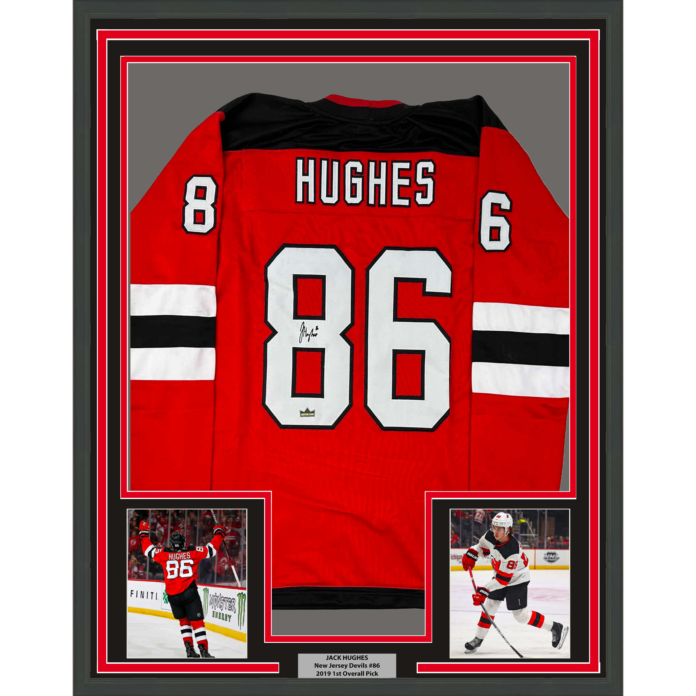 Framed Facsimile Autographed Jack Hughes 35x39 New Jersey Red Reprint Laser Auto Hockey Jersey