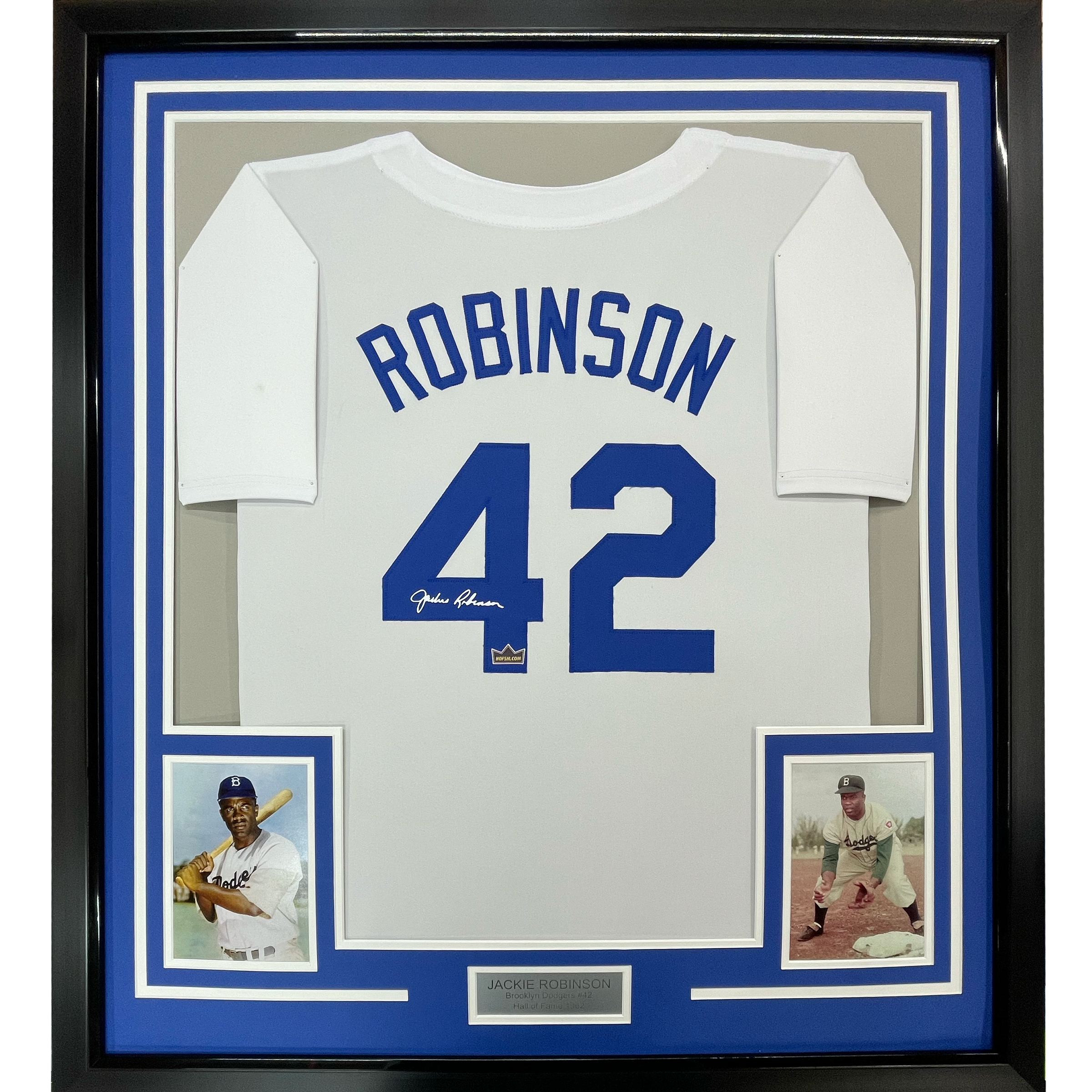 Framed Facsimile Autographed Jackie Robinson 35x39 Brooklyn Los Angeles LA White Reprint Laser Auto Baseball Jersey
