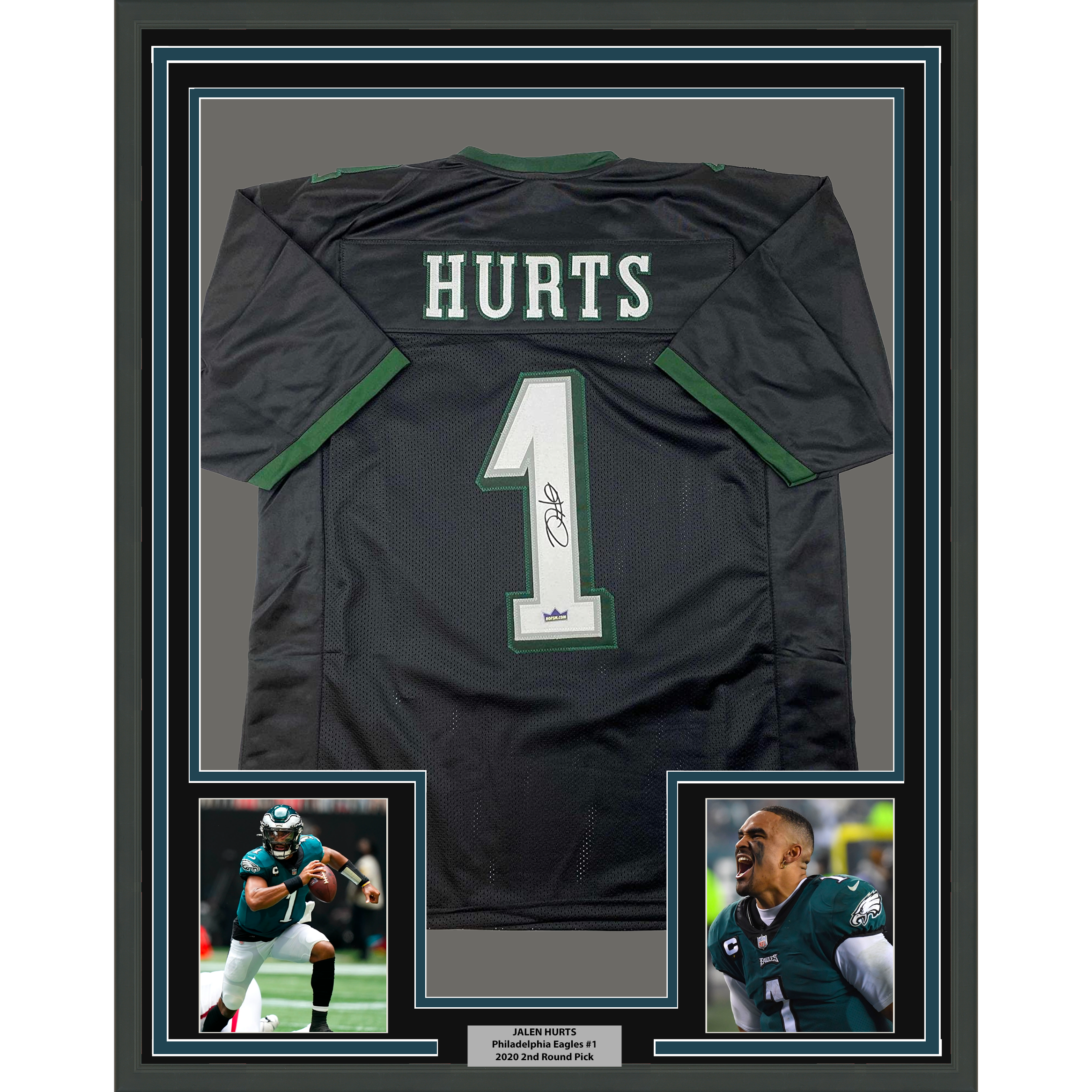 Framed Facsimile Autographed Jalen Hurts 35x39 Philadelphia Black Reprint Laser Auto Football Jersey