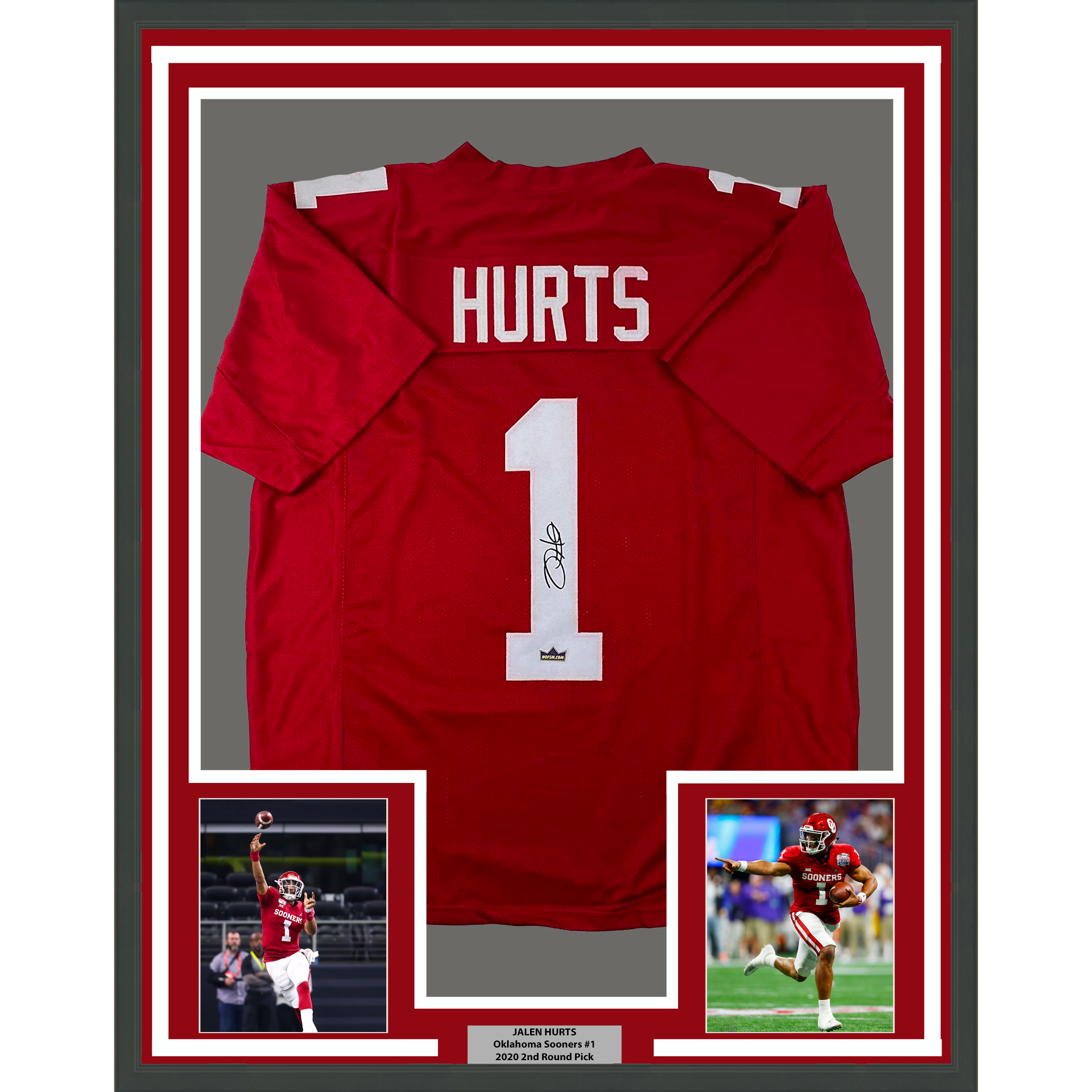 Framed Facsimile Autographed Jalen Hurts 35x39 Oklahoma Red Reprint Laser Auto College Football Jersey