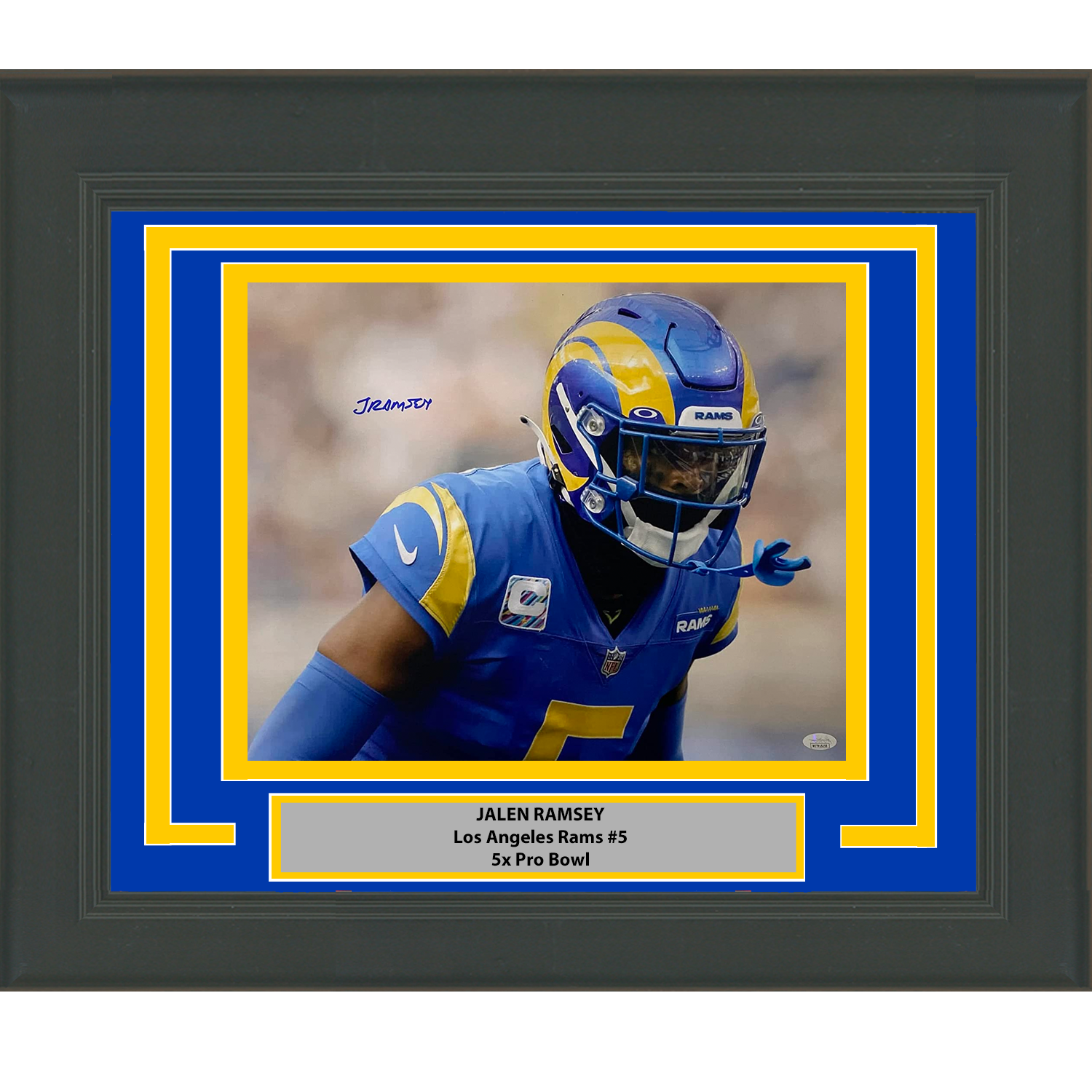 Framed Autographed/Signed Jalen Ramsey Los Angeles LA Rams 16x20 Football Photo JSA COA #5