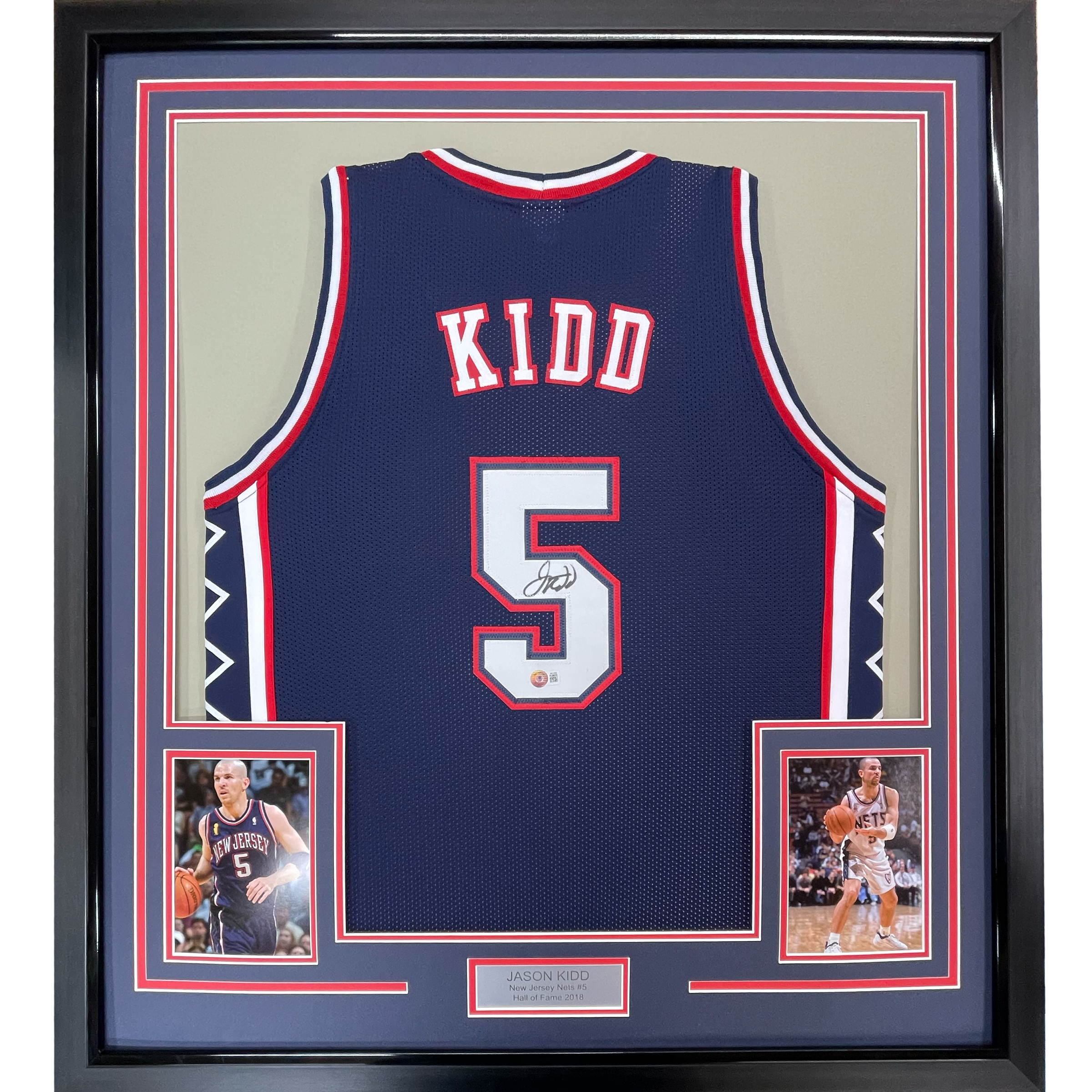 Framed Autographed/Signed Jason Kidd 35x39 New Jersey NJ Blue Basketball Jersey Beckett BAS COA
