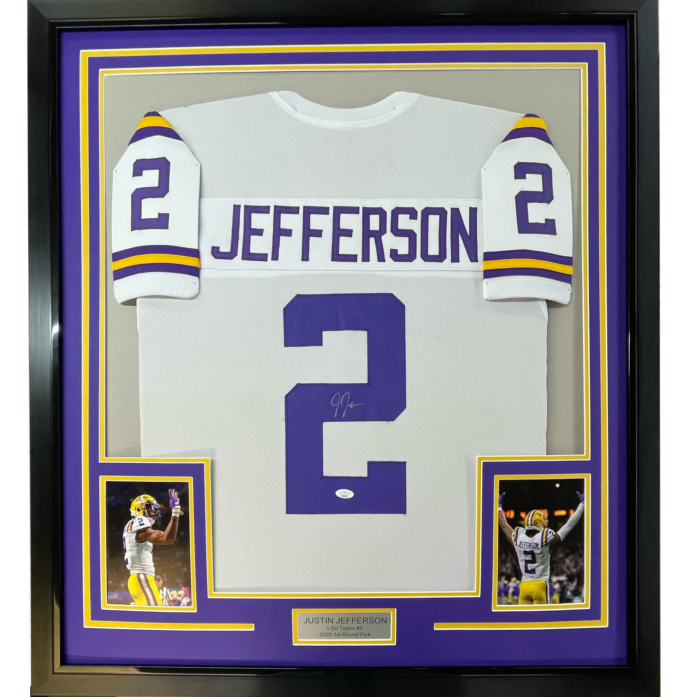 Framed Autographed/Signed Justin Jefferson 35x39 LSU White College Football Jersey JSA COA