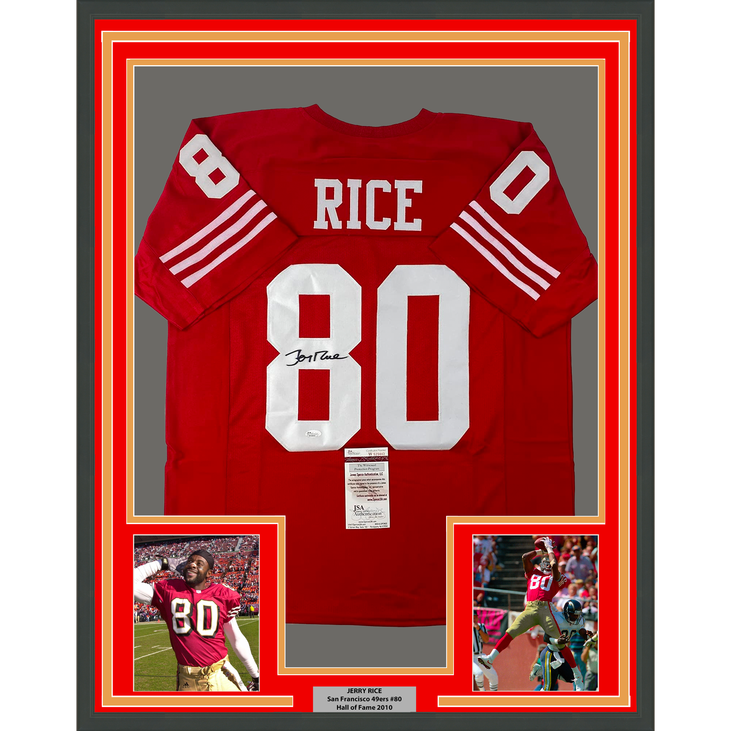 Framed Autographed/Signed Jerry Rice 35x39 San Francisco Red Football Jersey JSA COA