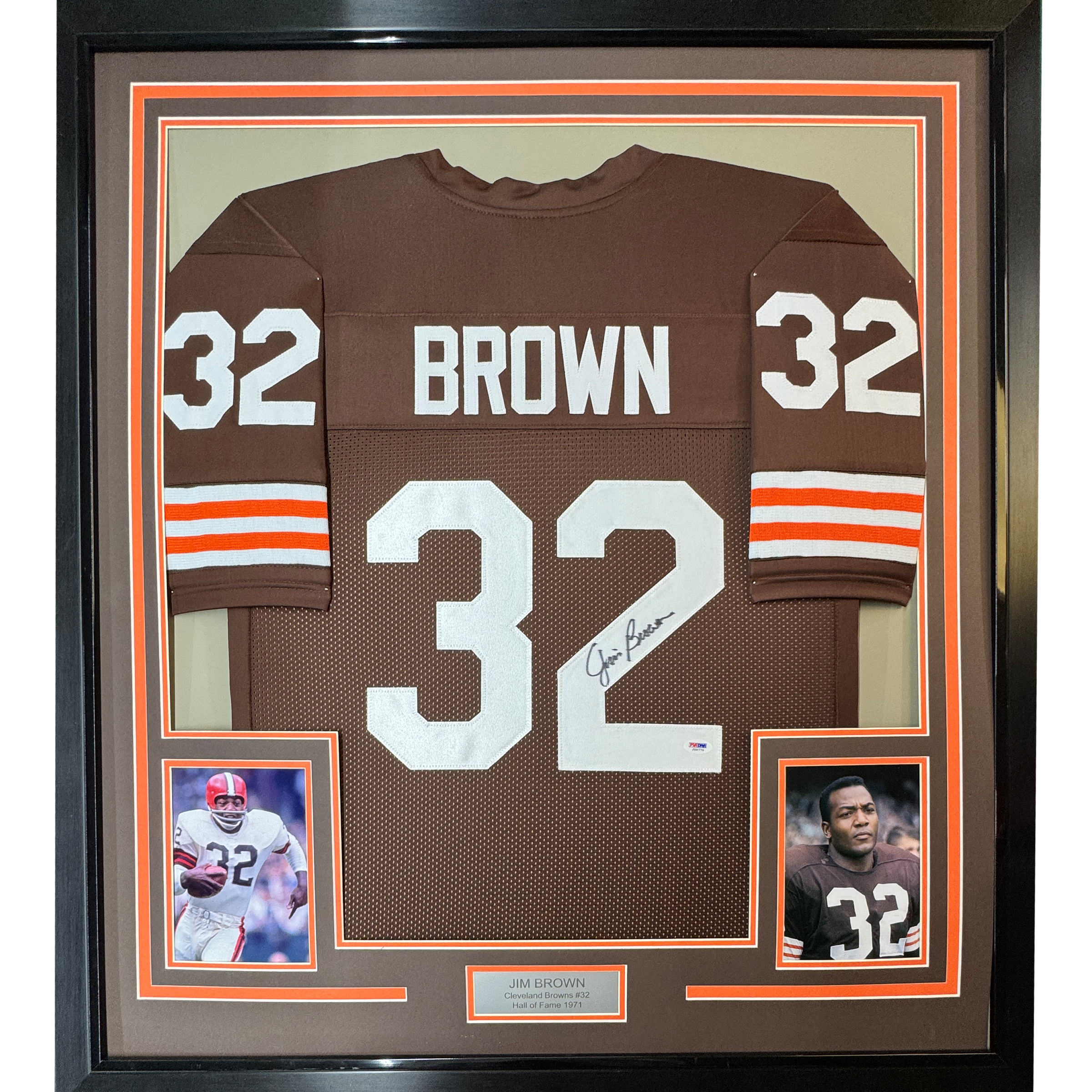 Framed Autographed/Signed Jim Brown 35x39 Cleveland Football Brown Jersey PSA COA