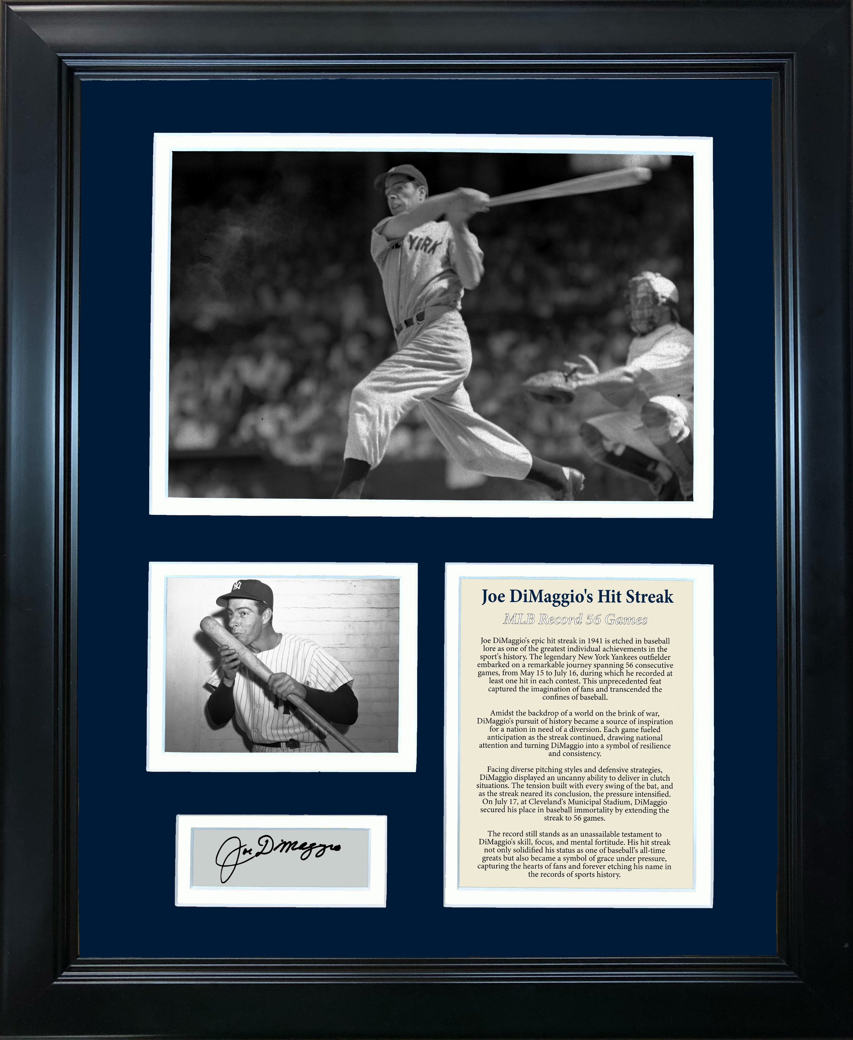 Framed Joe DiMaggio Record 56 Game Hit Streak Facsimile Laser Engraved Signature Auto Baseball 11"x14" Photo Sig Collage