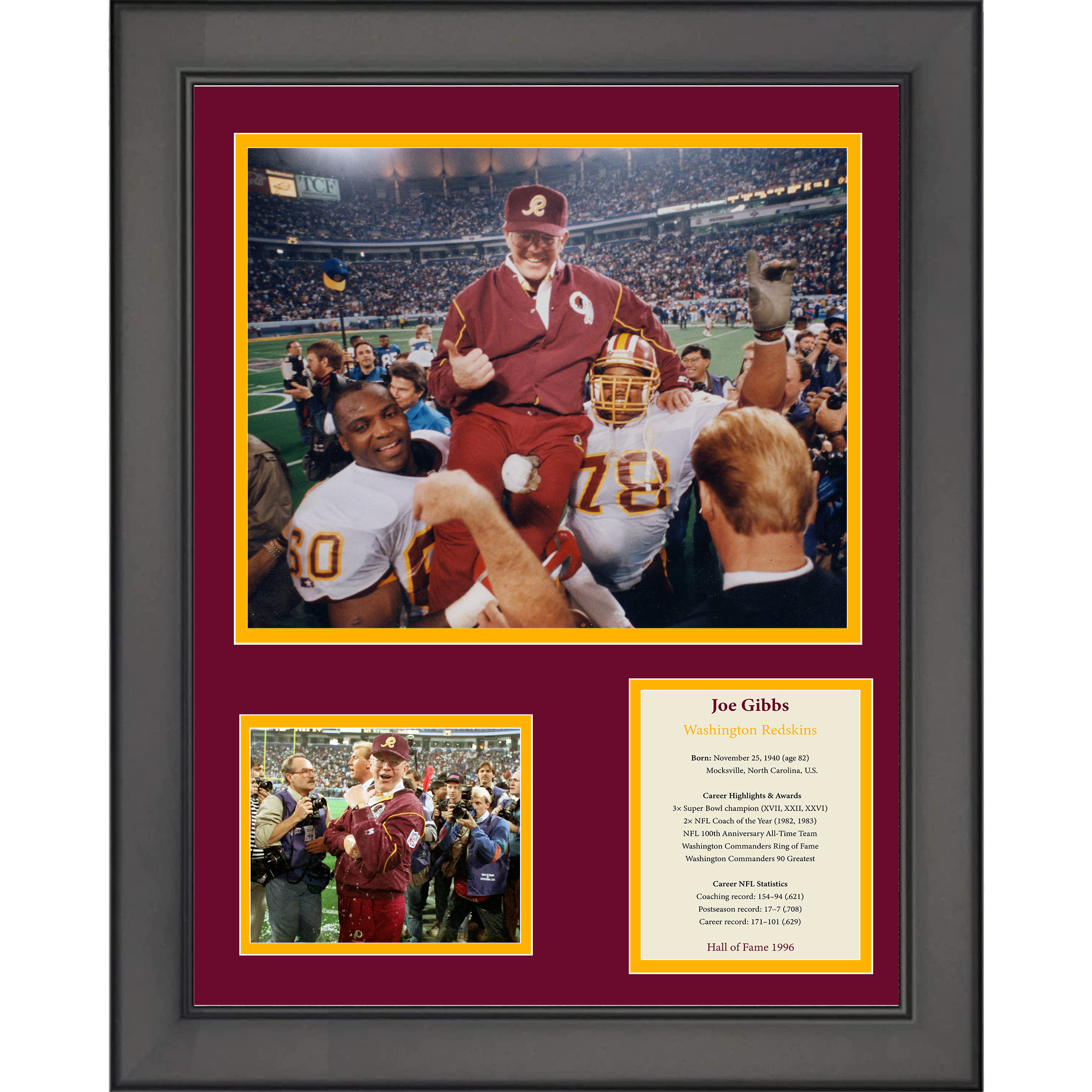 Framed Joe Gibbs Hall of Fame Washington Commanders Football 11"x14" Three Photo Collage