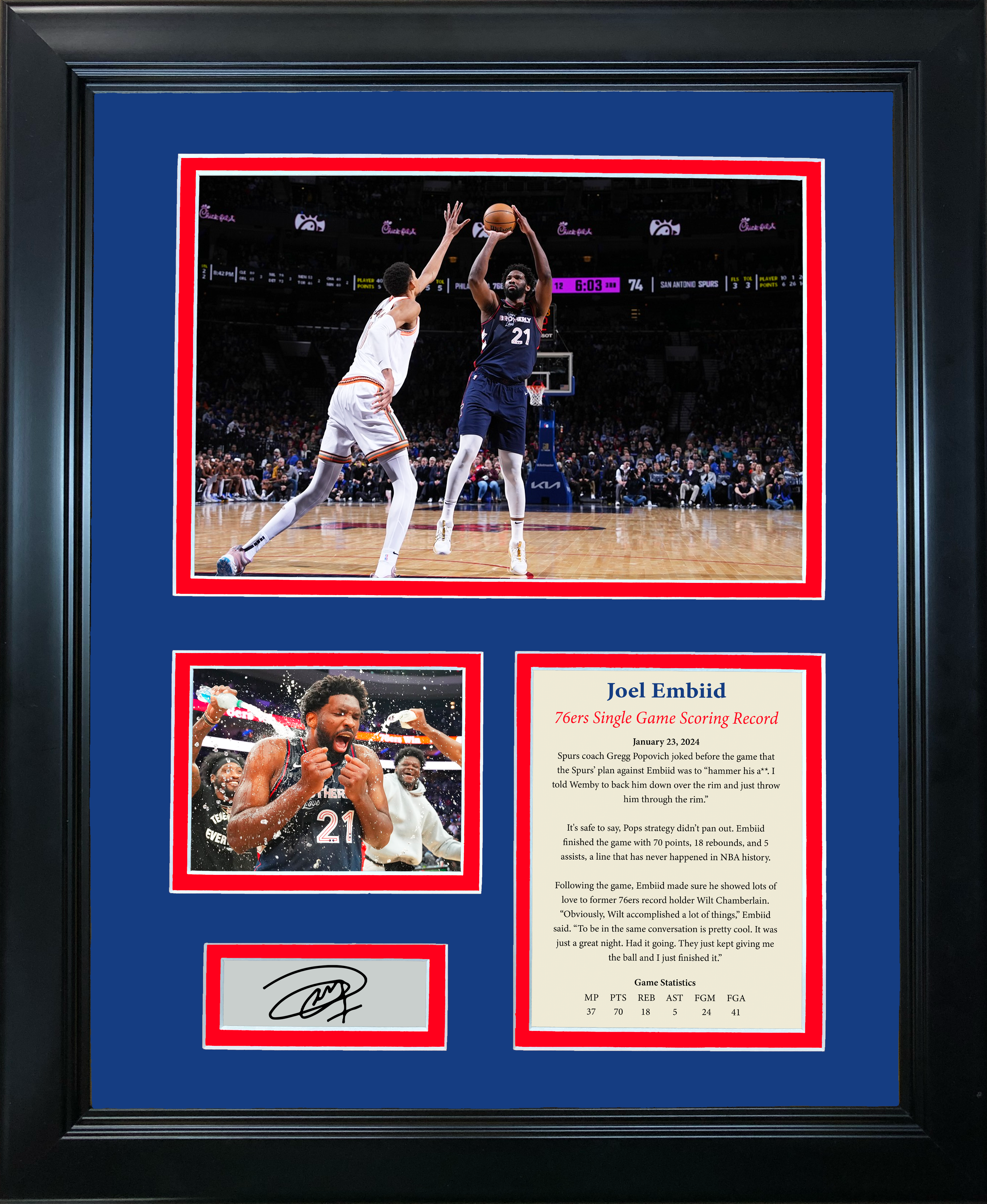 Framed Joel Embiid 70 Point Game Philadelphia 76ers Record Facsimile Laser Engraved Signature Auto Basketball 11"x14" Photo Sig Collage