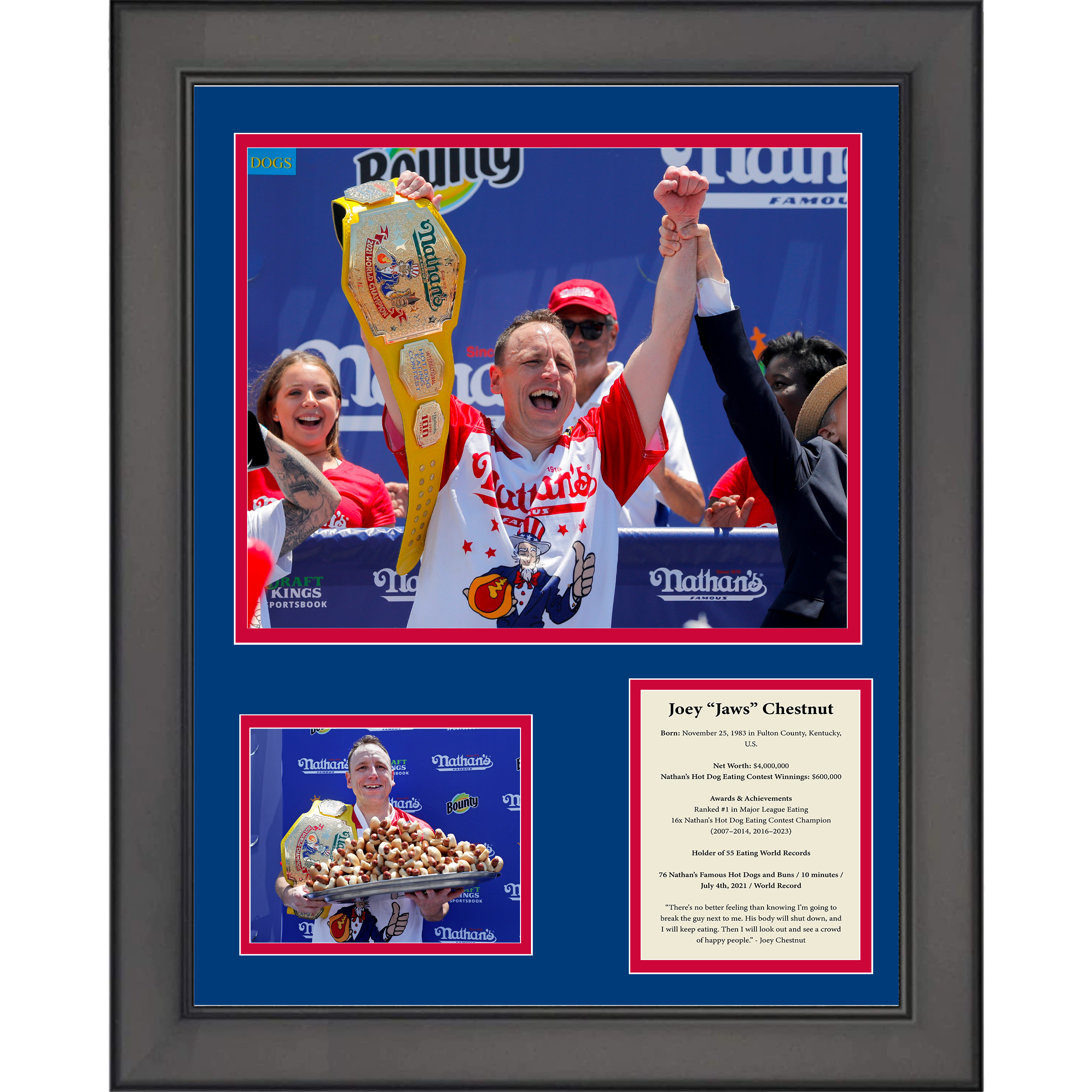 Framed Joey Chestnut 16x Nathan's Hot Dog Eating Contest Champion 11"x14" Three Photo Collage