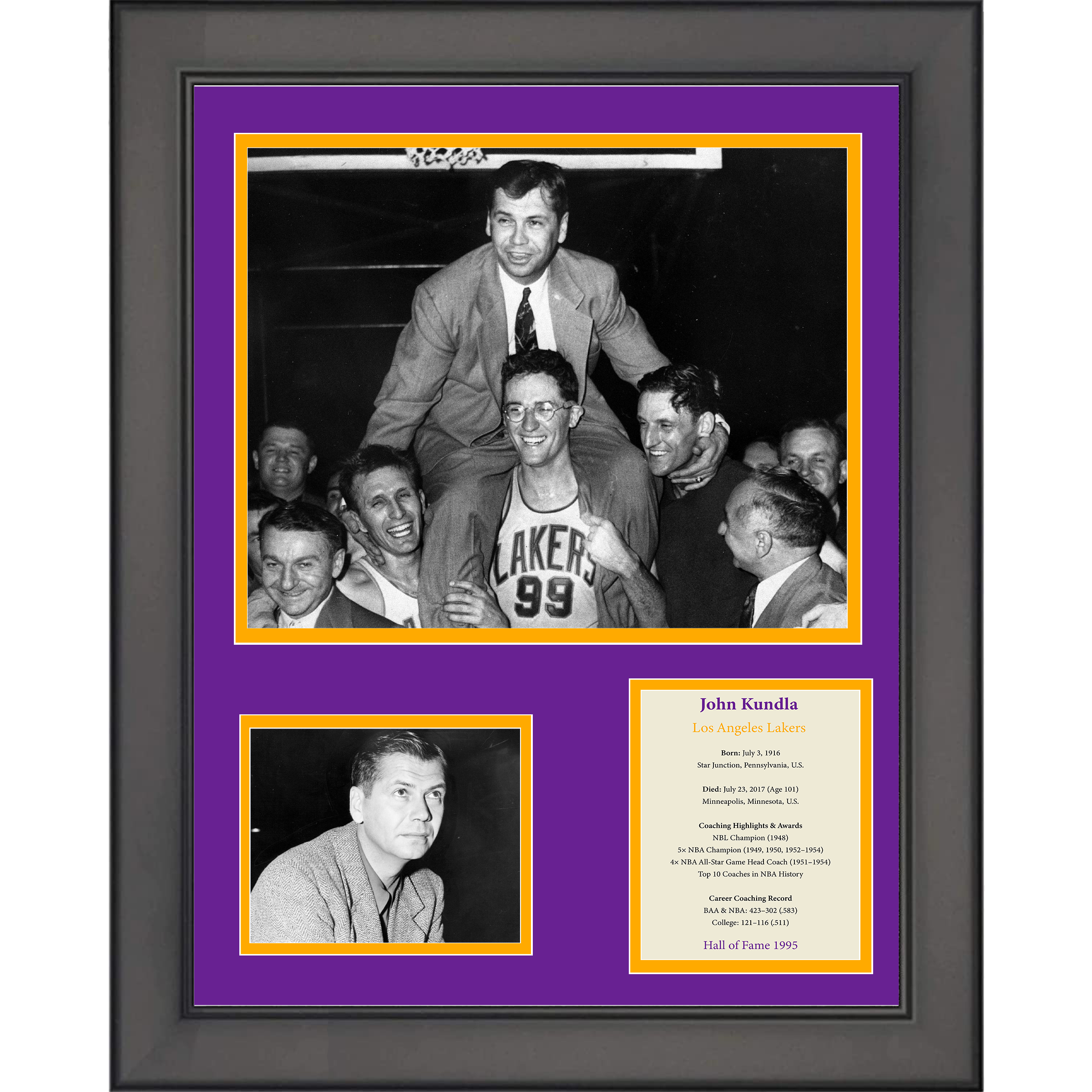 Framed John Kundla Hall of Fame Los Angeles Lakers Basketball 11"x14" Three Photo Collage