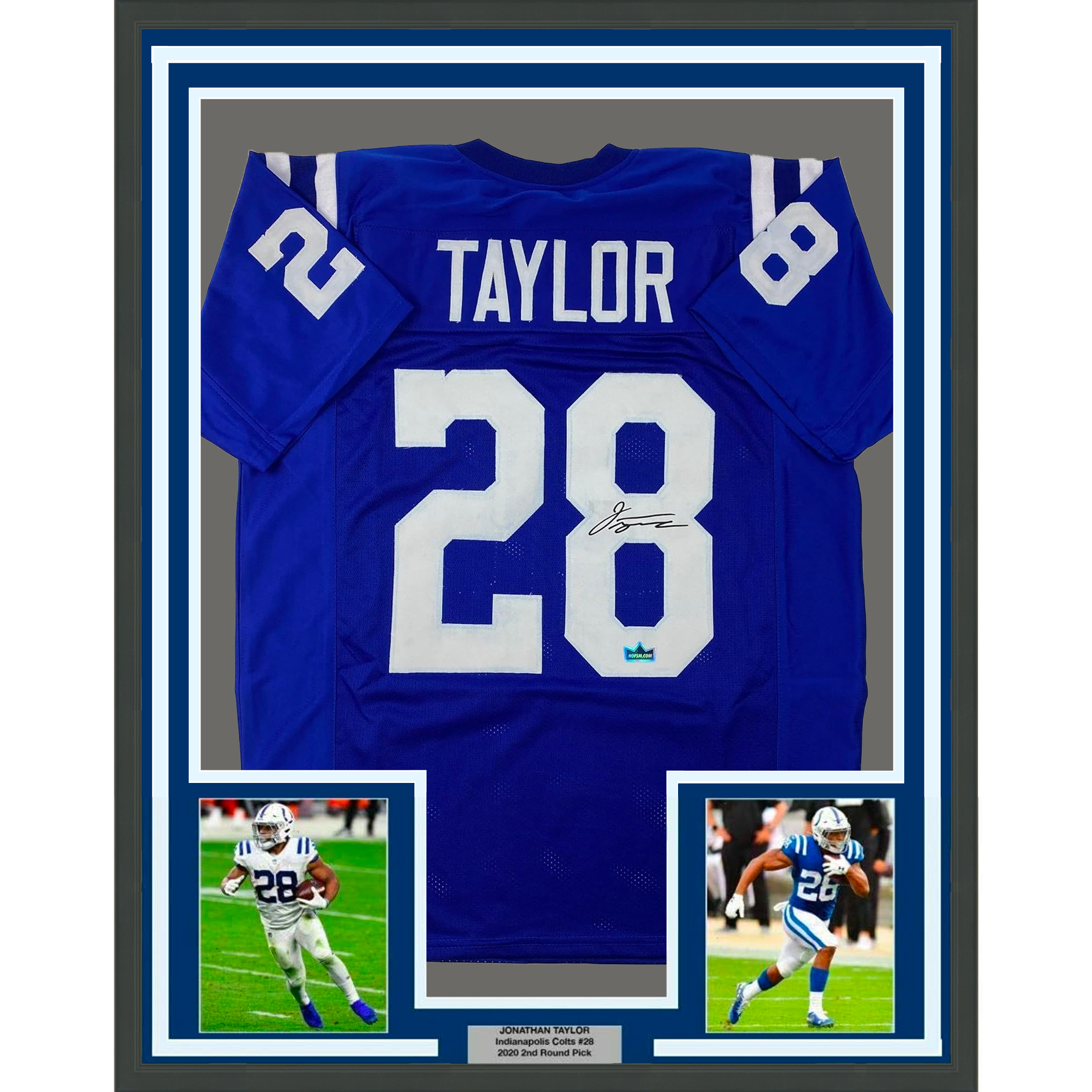 Framed Facsimile Autographed Jonathan Taylor 35x39 Indianapolis Blue Reprint Laser Auto Football Jersey