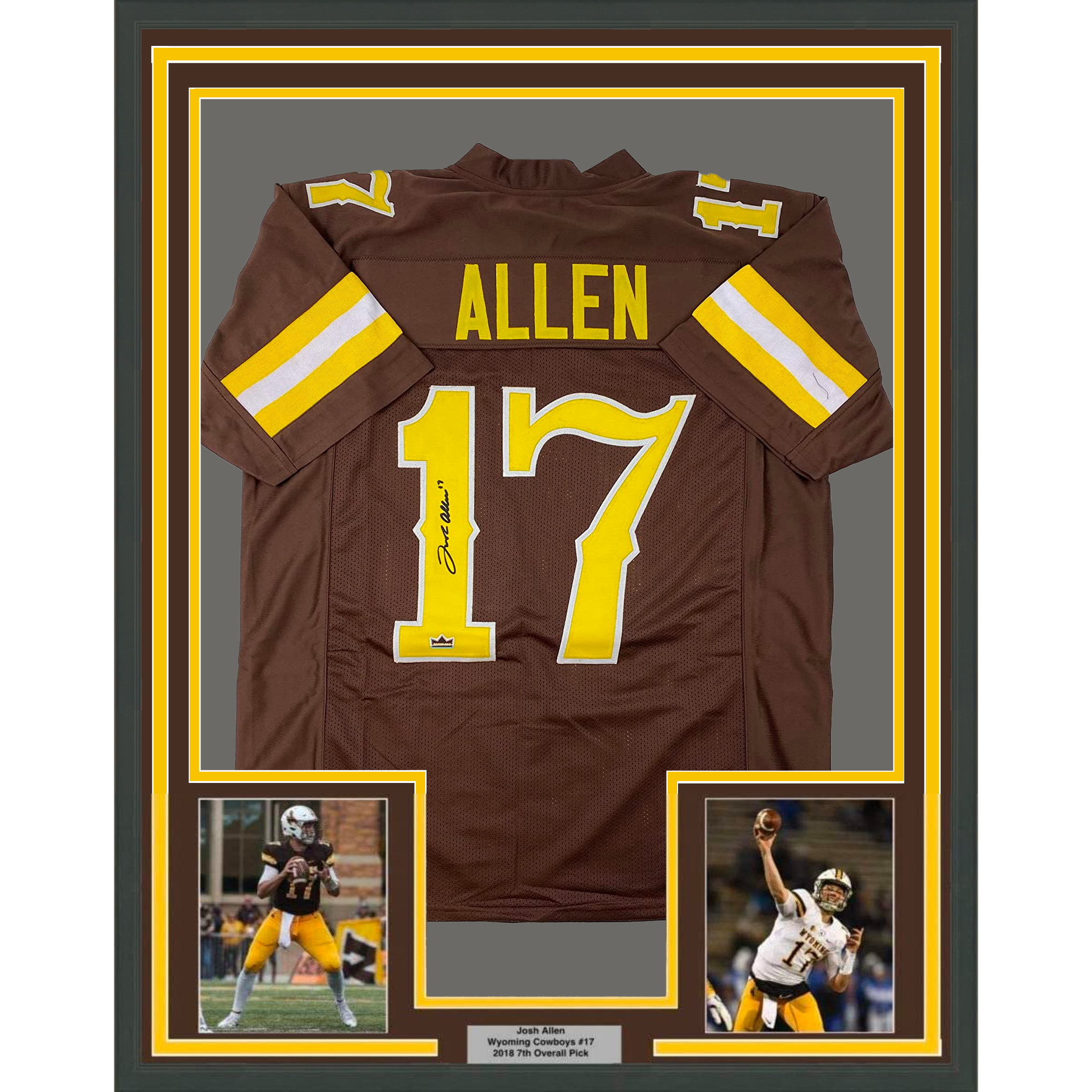 Framed Facsimile Autographed Josh Allen 35x39 Wyoming Brown Reprint Laser Auto College Football Jersey Size Men's XL