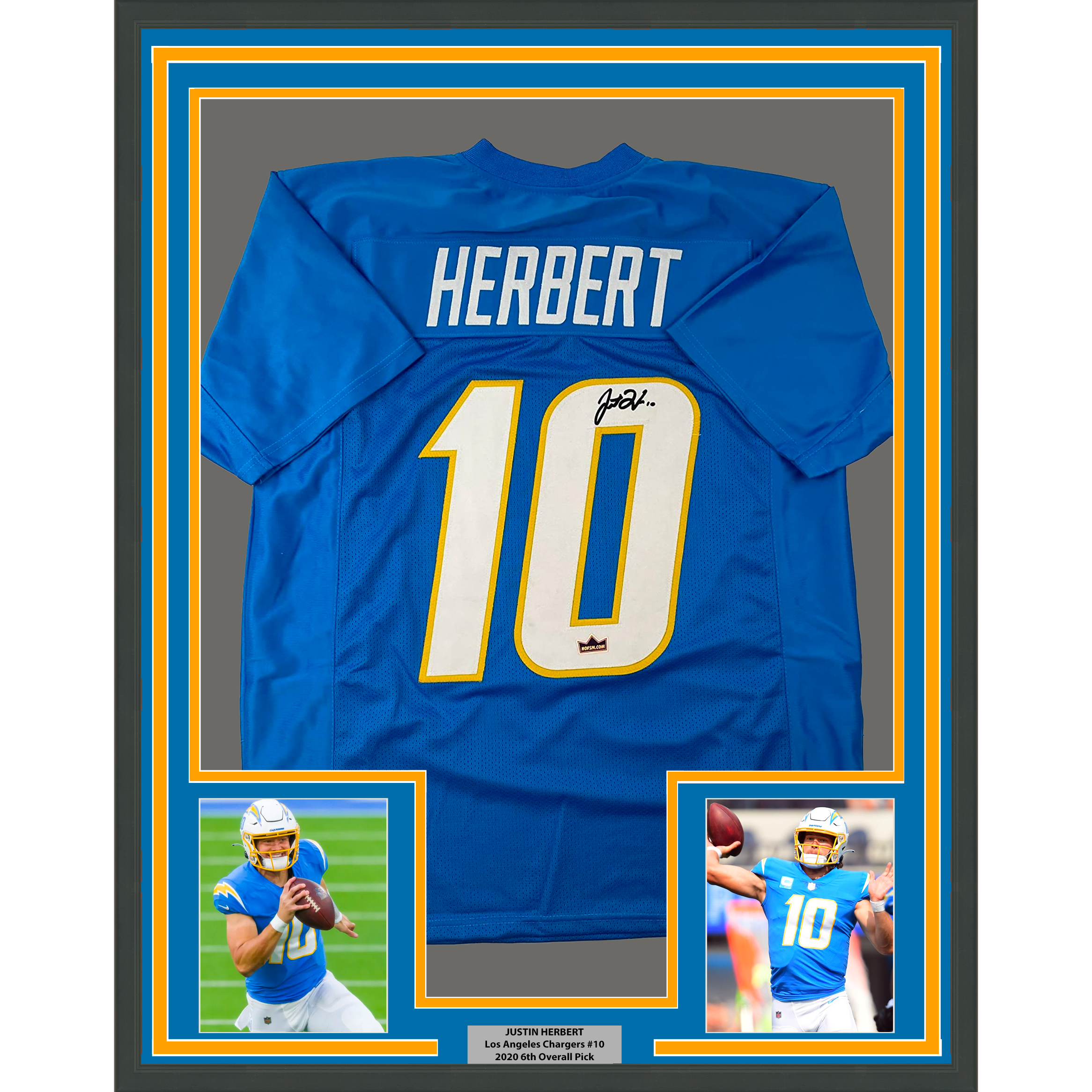 Framed Facsimile Autographed Justin Herbert 35x39 Los Angeles LA Powder Blue Reprint Laser Auto Football Jersey Size Men's XL