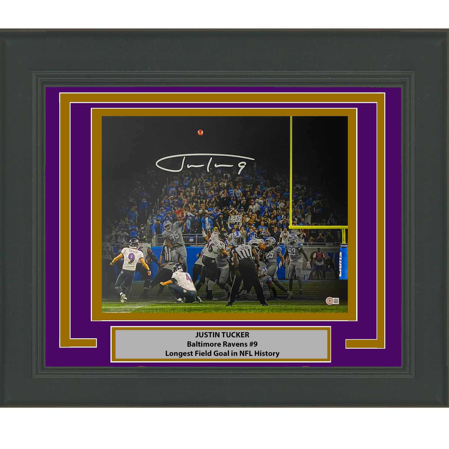 Framed Autographed/Signed Justin Tucker Baltimore Ravens 61 Yd GW FG 16x20 Football Photo Beckett BAS COA