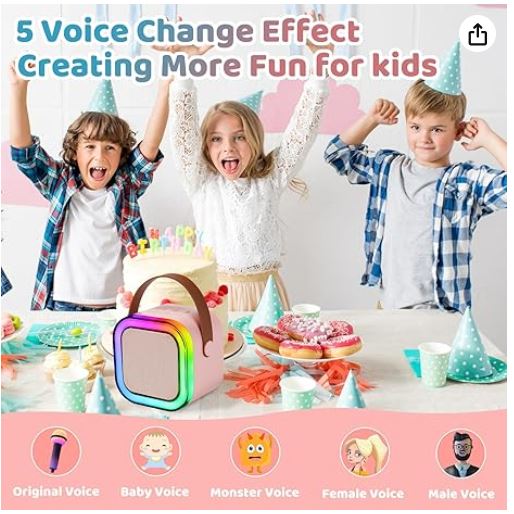 Kids Mini Karaoke Voice Changer Portable Bluetooth Speaker plus 2 Wireless Microphones